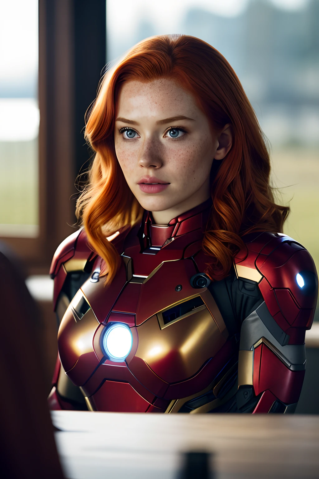 1girl in, age19, Solo, Aesthetic artwork, irish  redhead, wavy ginger hair, shoulder length ginger hair, light grey eyes, some small freckles, pale skin, A-cup, small breasts, runners body, (textured skin, skin pores:1.1), (moles:0.8), imperfect skin, goosebumps, wearing Iron man costume, Avengers costume Iron man, Africa background, very background, (action shot, crouching, 1.25), (extremely detailed 8k wallpaper), (hard lighting), high quality, film grain, Fujifilm XT3 sharp focus, f 5.6, 50mm, High Detail, Sharp focus, (natural light), crazy details, complex details, hyperdetailed