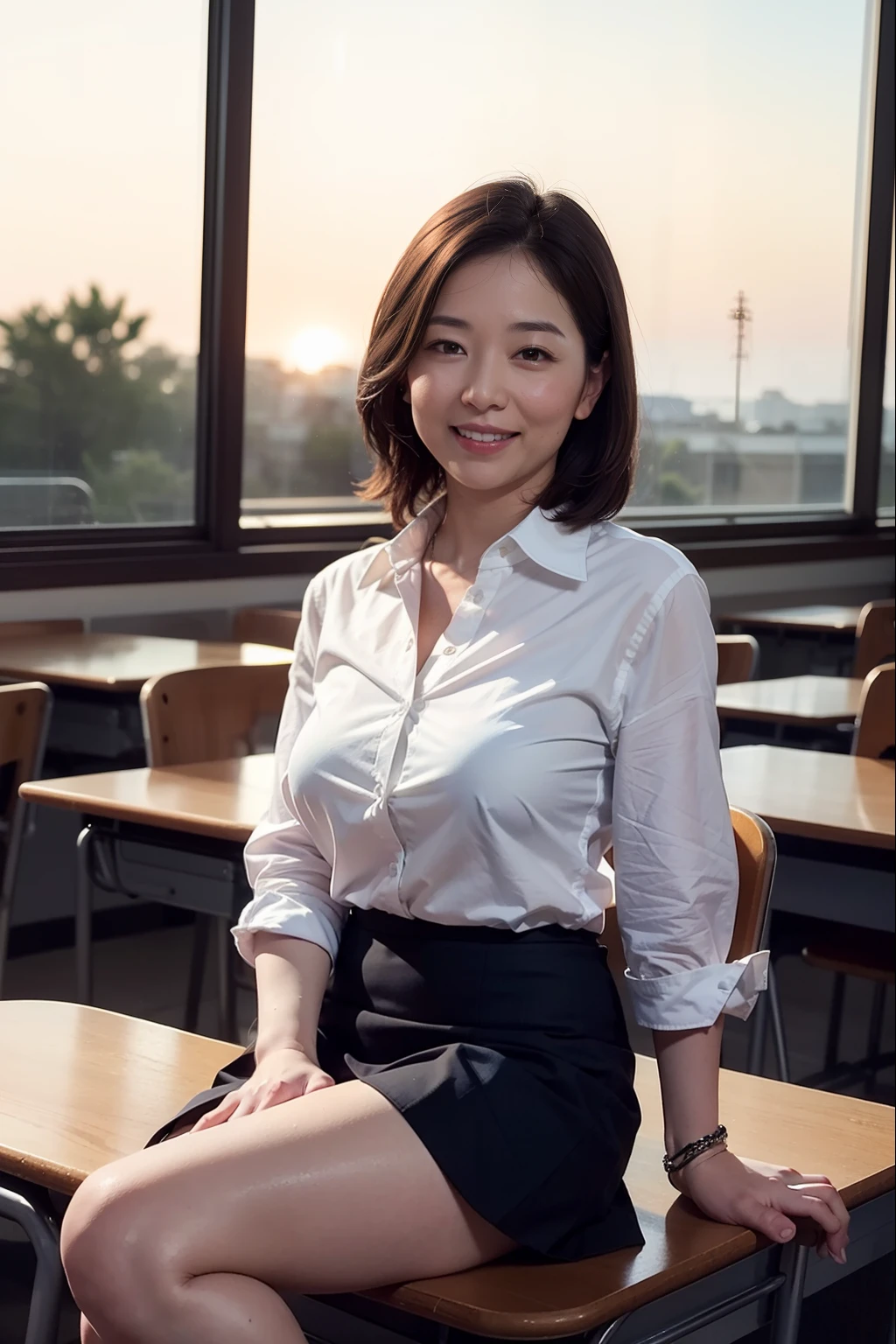 1womanl、1 female teacher,(Super beautiful)、(beauitful face:1.5)、40 years、Perfect makeup, Business Suit, (a miniskirt:1.2)、Sitting on a chair in a school classroom、Brilliant sunset,Shining sunset,Sparkling sunset,You can see the sunset,Romantic sunset,Beautiful sunset,brilliant sunset,The light of the setting sun illuminates the room,You can watch the sunset from the classroom,brilliant sunset,Looking at the camera,The most beautiful faces in Japan,adultlike face,gently smiling,Smile,,Faces close,Staring at this,short-hair,straight haired,Breasts are big,Emphasize the bulge of the chest,Skirt without folds,There are no folds on the skirt,tight skirts,Short tight skirt,super-fine,beautiful hairl,Transparent photos,Detailed High School Classroom Background,The most beautiful faces in Japan,View here,Perfect fingers,face perfect,细致背景,Fair skin,Crystal clear white skin,Perfect fingers,细致背景,top-quality,The ultra -The high-definition,Perfect Anatomy,high-definition RAW color photography,professional photograpy, Very delicate, Extremely detailed,finely detail, Huge file size,Top image quality,8K,Award-Winning Works,masutepiece,Professional filming
