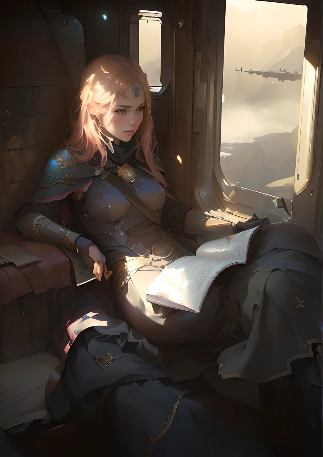 there is a woman sitting on a train with a book, rpg book portrait, fantasy genre portrait, eve ventrue, beautiful character painting, by Yang J, realistic fantasy illustration, artwork in the style of guweiz, moebius + loish + wlop, illustration concept art, graphic artist magali villeneuve, guweiz on pixiv artstation