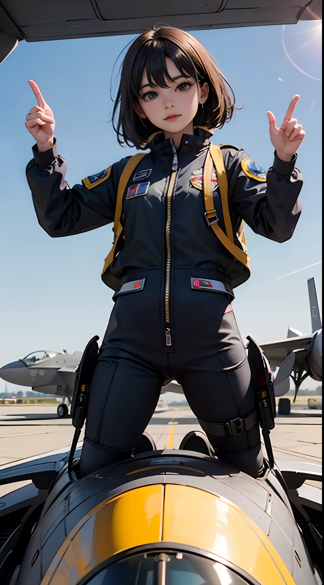 Young and beautiful female fighter pilot in pilot suit and MA1 jacket、Impressive images of boarding an F-35 fighter jet at a ground air base。 She is facing the viewer and、He makes a thumbs-up gesture with the hand that does not hold the helmet。 Her other leg was already on the jet ladder.、It captures the moment just before you get into the cockpit for a mission。 The background contains details of the air base,、The action of the pilot and the powerful posture of the jet aircraft are emphasized。