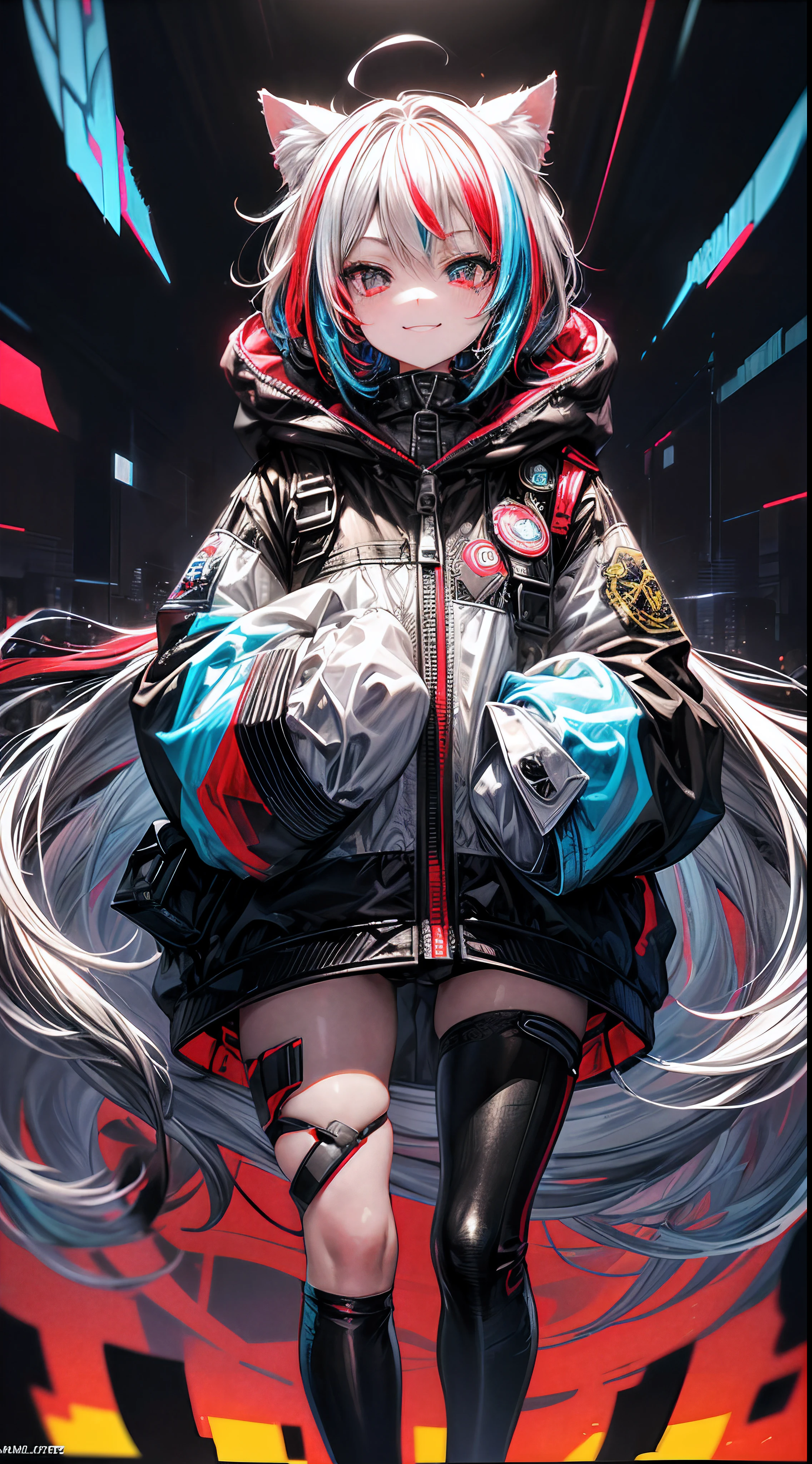 (Maximalism:1.5), (best quality, ultra detailed :1.1),
anime art ,glitch art,(vivid color:1.5),(vivid ink:1.3), one girl with white medium hair,cat ear, looking at viewer, smirk, white and black hoodle, street,hands in pockets,cityscape,wide shot,SF