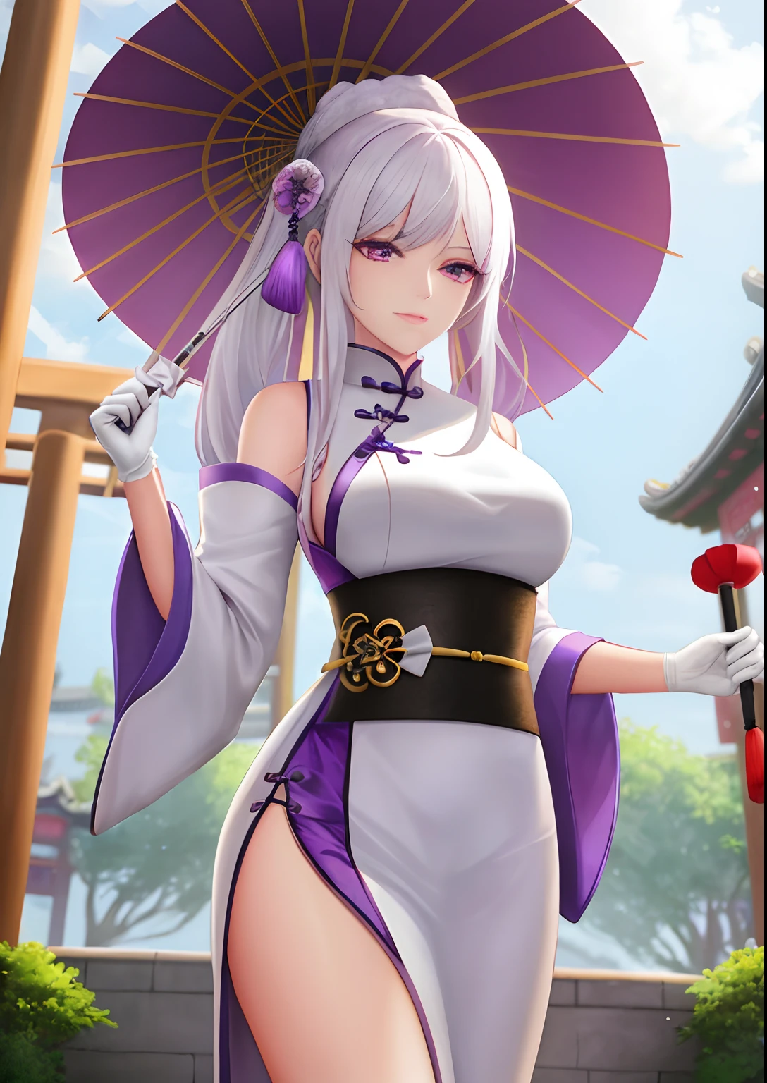 A woman，Holding an umbrella，White hair，Wear purple Hanfu，Long white gloves are worn on the elbows，Chinese Ancient Architecture