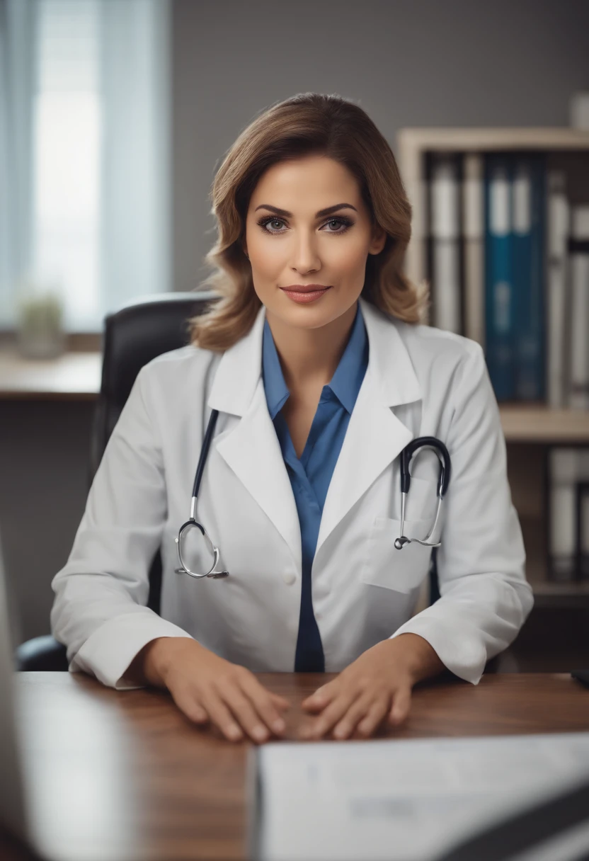 Woman, 30 year old nutritionist doctor in her office, wearing medical clothes looking at me, sitting behind her desk, with perfect proportions,centered image,visually rich,cinematic,Mschiffer,wallpaper art,UHD wallpaper,ultra sharp focus