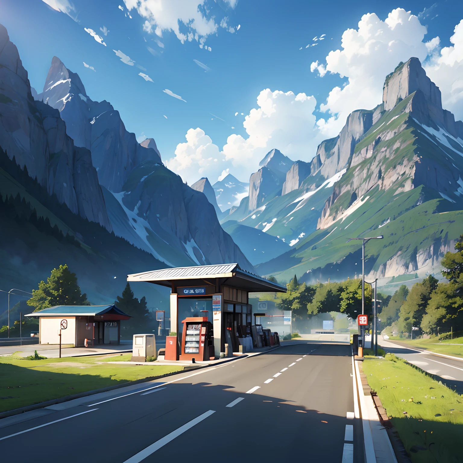 Petrol station and highway road, mountain background