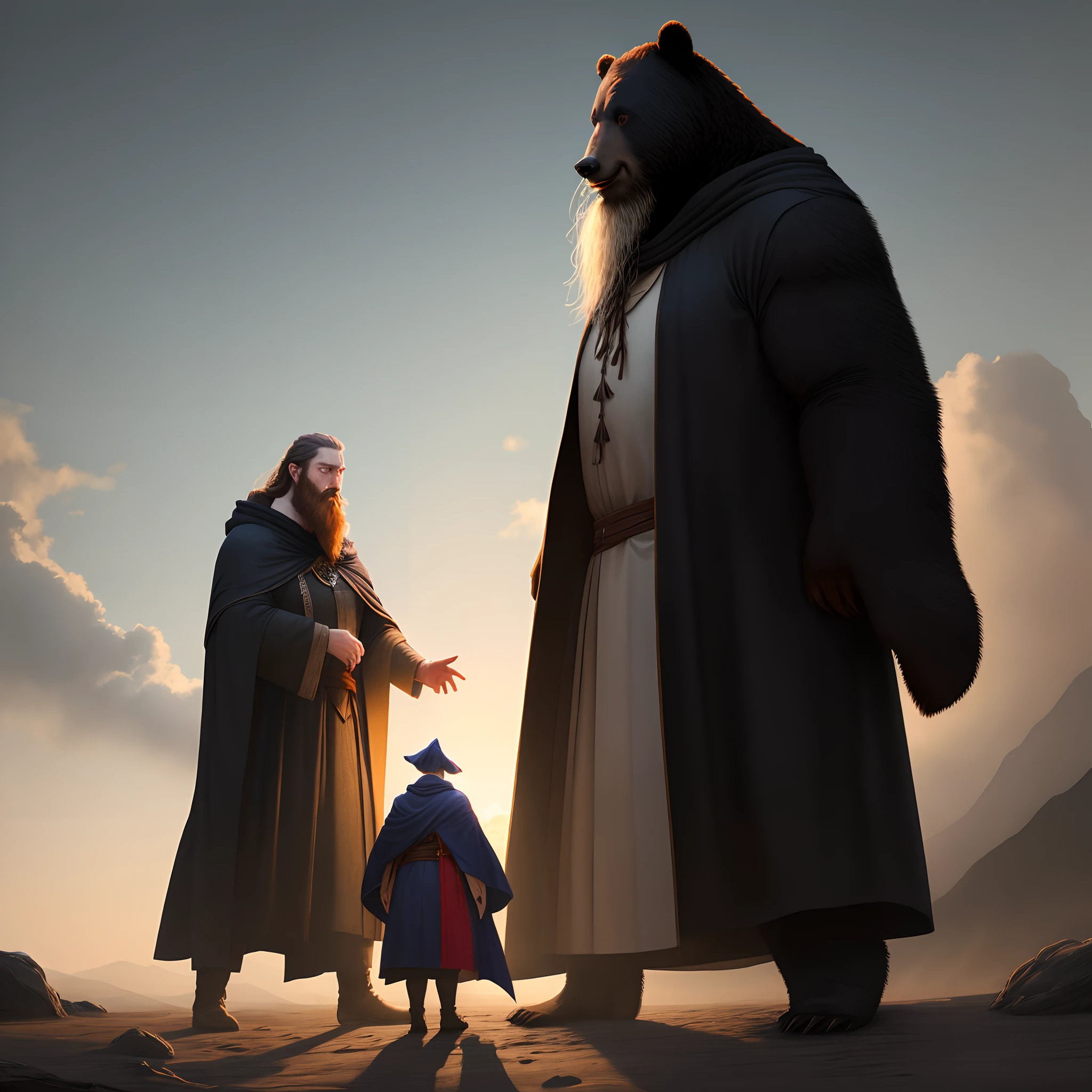 A tall wizard in a long cloak with a long beard fighting a massive black bear