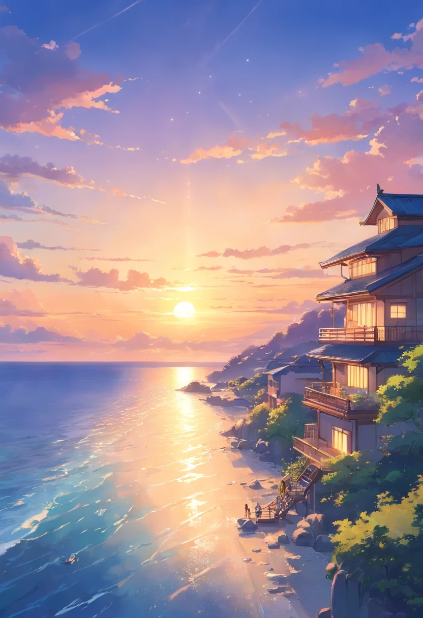 tmasterpiece、top-quality、outside of house、mare The South Winters Background with 云 evening Sunset Calm Sea Illustration Healing Department