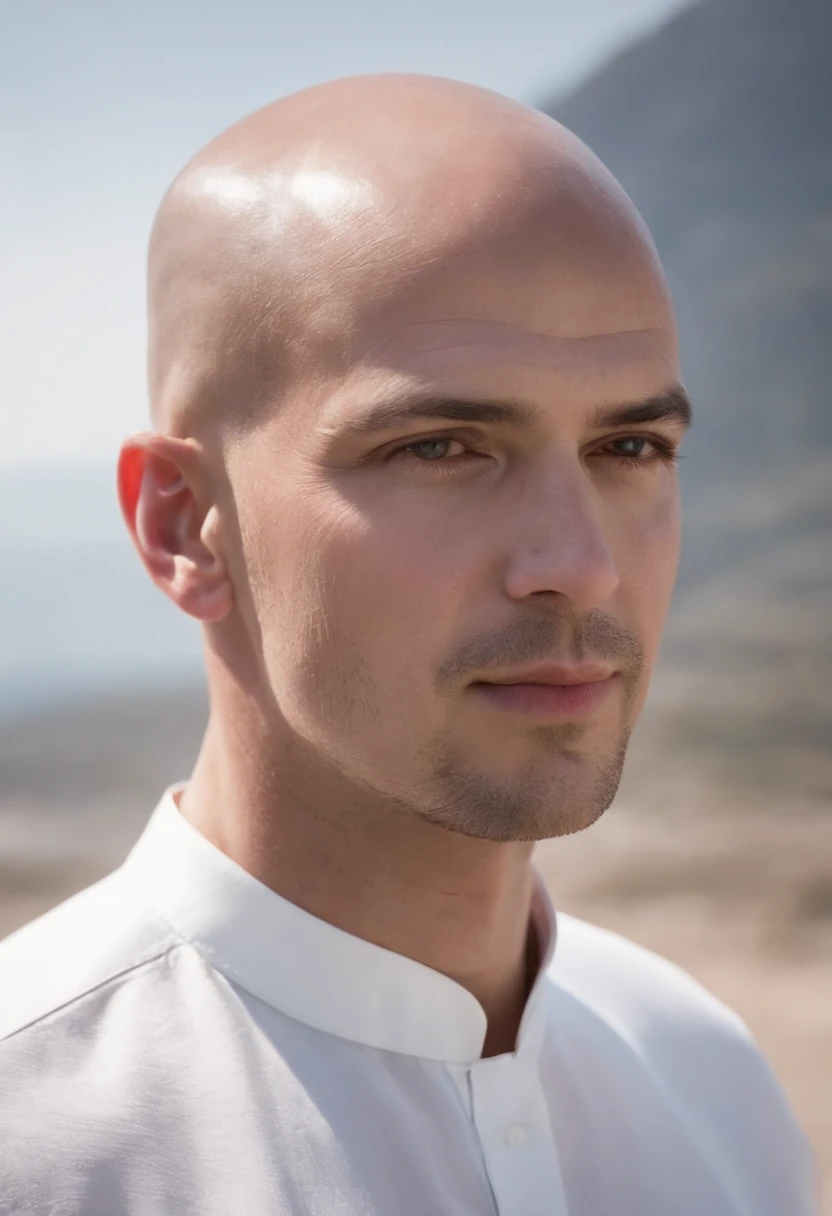 Futuristic portrait of a man with a bald head and an white shirt, simetria, profundidade de campo, intrincado, elegante, altamente detalhado, pintura digital, art-station, arte conceitual, liso, foco nítido, illustration, Como imaginado moreno calvo brasileiro