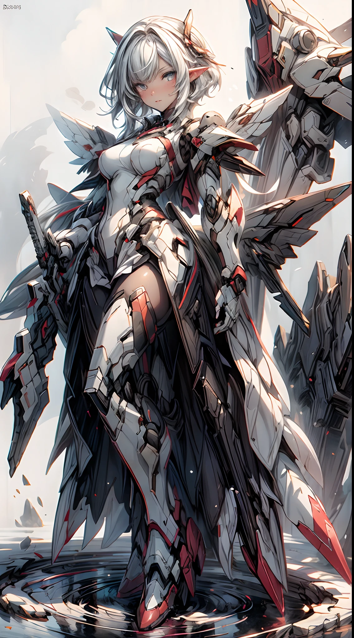 (white background:1.5), (bottle bottom:0.9), 11 elf girl, mid shot, full body, (mecha wing, mecha leg, mecha hand),((short white hair)), asymmetrical bangs, insanely detailed face and eyes, Perfect lips, mid shot, full body, (mecha sing, mecha leg, mecha hand), butterflies, floating petal, stone fragment, beautiful detailed water, cloud, sun, dusk, sunset, beautiful detailed cloud, ocean, water splashes.