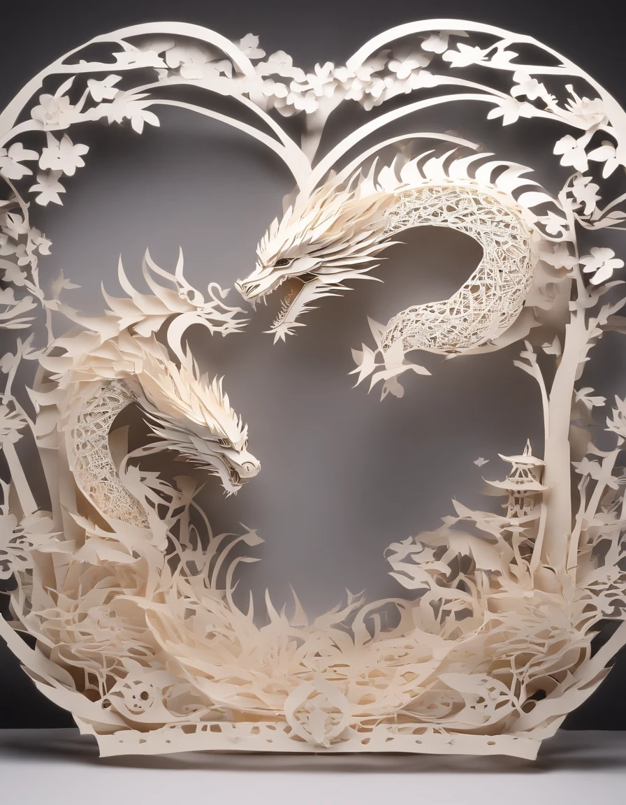 Multiple meta papers ，Product Show Pictures， , Two-color paper is used ，Close-up of dragon kirigami origami crafts, Color paper，dramatic lights