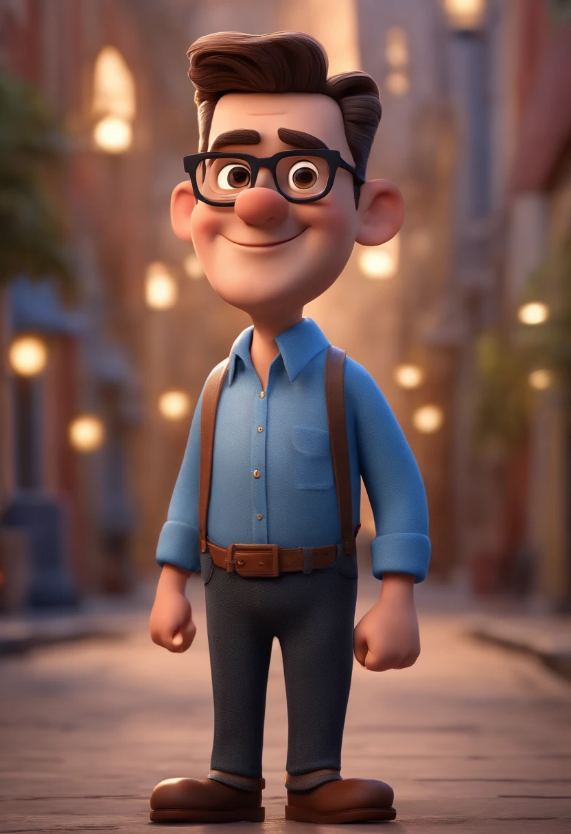 Cartoon character of a man with black glasses and a blue shirt, animation character, Caractere estilizado, animation style rendering, 3D estilizado, Arnold Maya render, 3 d render stylized, toon render keyshot, Personagem 3D, Personagem 3D, 3d rendering stylized, 3 d character render, personagem de desenho animado, Personagem de close up, Pose de personagem,  (Estilo Pixar) (master part:1.2) (Bokeh) (best quality) (pele detalhada) (textura detalhada) (8k) (argila) (Cinematic lighting) (foco nítido