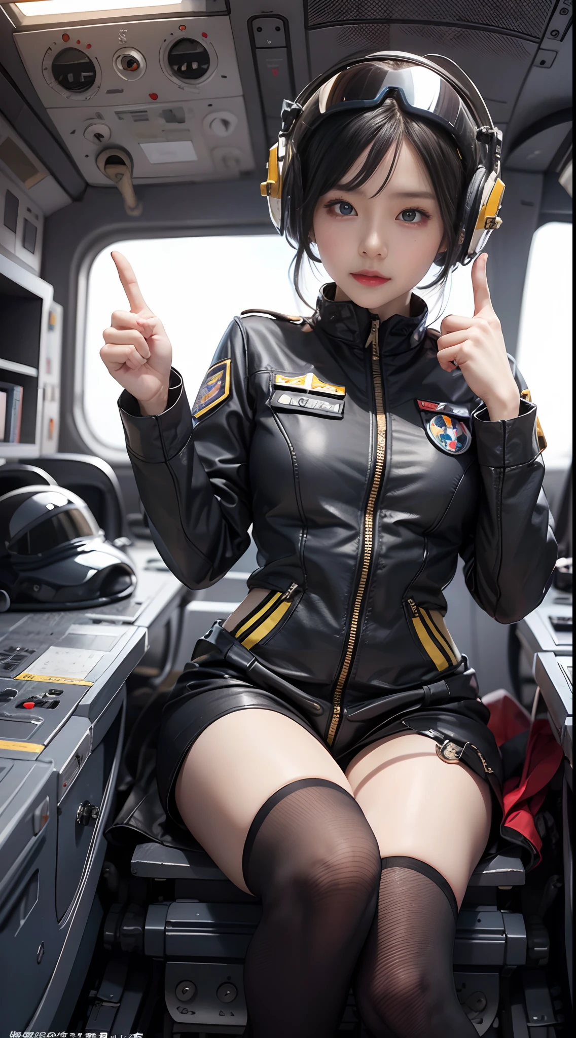 Young and beautiful female fighter pilot in pilot suit and MA1 jacket、Impressive images of boarding an F-35 fighter jet at a ground air base。 She is facing the viewer and、He makes a thumbs-up gesture with the hand that does not hold the helmet。 Her other leg was already on the jet ladder.、It captures the moment just before you get into the cockpit for a mission。 The background contains details of the air base,、The action of the pilot and the powerful posture of the jet aircraft are emphasized。huge tit、cleavage of the breast、beauty legs、