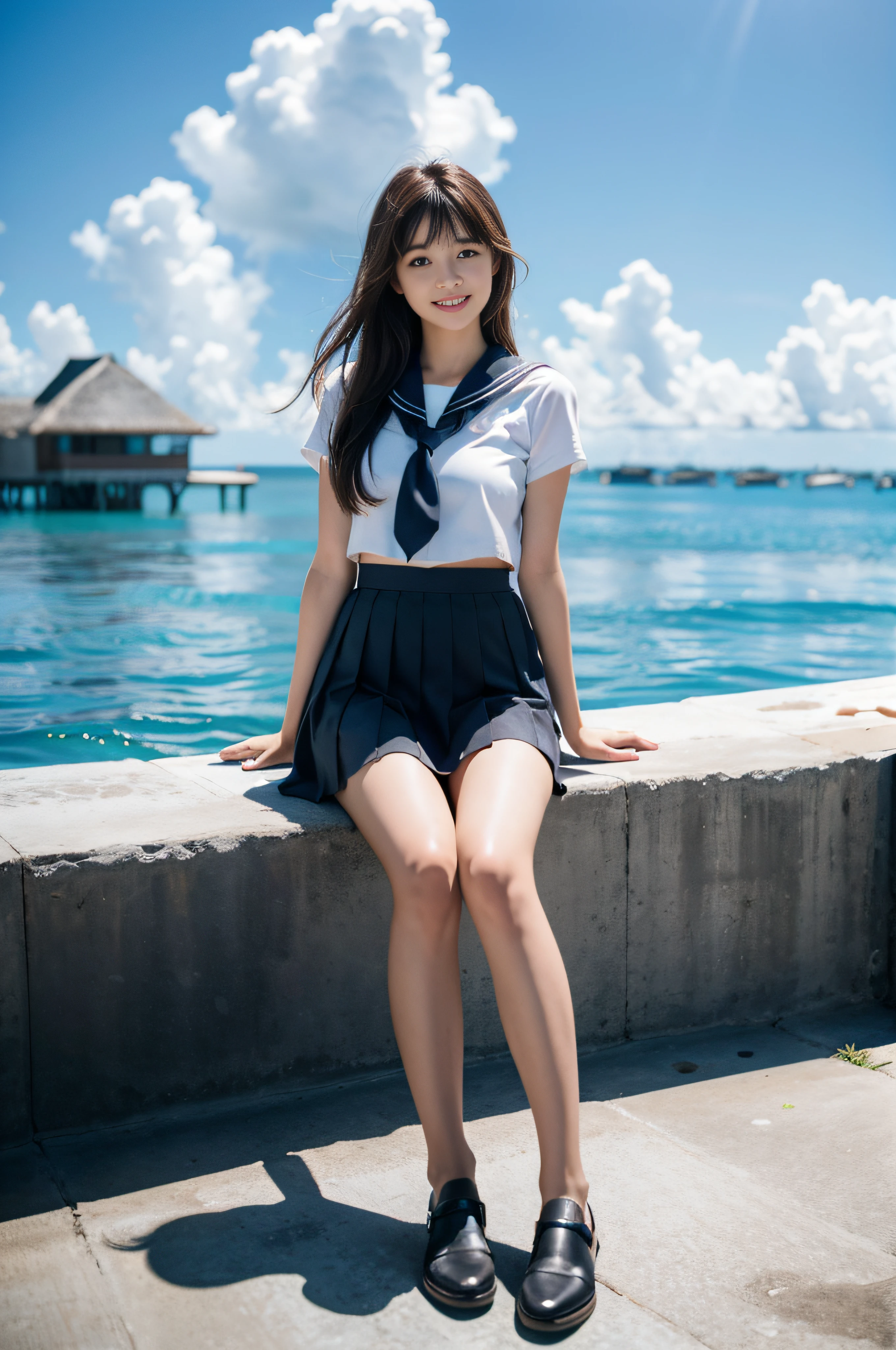 ((((8k、RAW Photography、top-quality、Maldives、Floating hotels、full body seen、masterpiece:1.2))))、 masutepiece, Best Quality, Highly detailed, Realistic, superrealism, 8K UHD, Digital SLR, (F1.4, 1/800s, ISO 100, Photorealistic:1.2), Sharp Focus, (Film grain), depth of fields, (Photorealistic:1.4), 1girl in, Solo, Skirt, Smile, Long hair, Sitting, School uniform, Outdoors, cloud, Shirt, skyporn, bottles, White shirt, neckerchief, Pleated skirt, grin, serafuku, Sailor collar, Short sleeves, Brown hair, shoes removed, ocean, water bottle, day, Blue sky, shoes, Horizon, Black skirt, Legs, Bangs,small legs、bare-legged