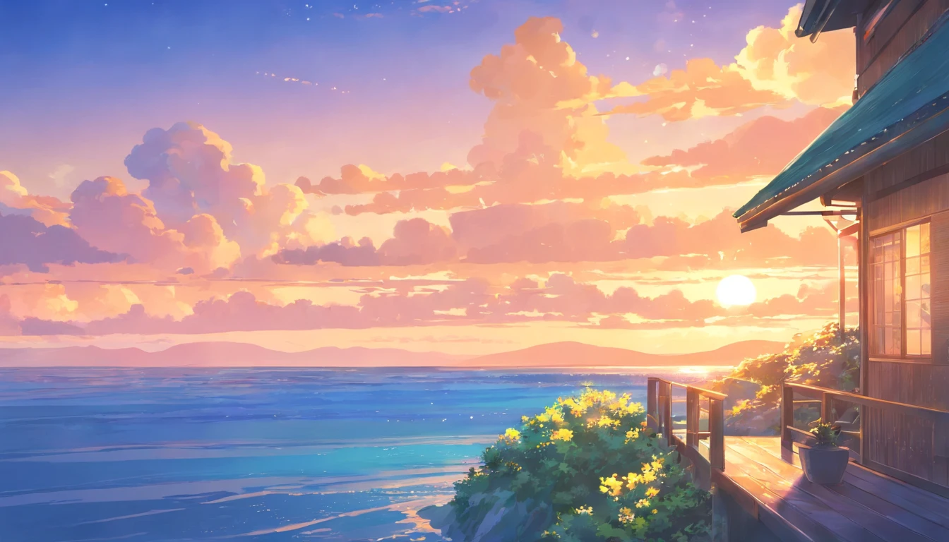 tmasterpiece、top-quality、outside of house、mare The South Winters Background with 云 evening Sunset Calm Sea Illustration Healing Department