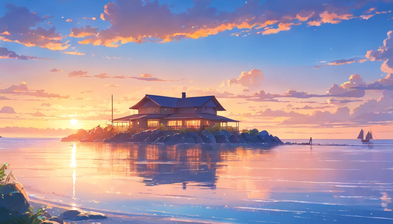 tmasterpiece、top-quality、outside of house、mare　The South　Winters　Background with　云　evening　Sunset　Calm Sea Illustration Healing Department