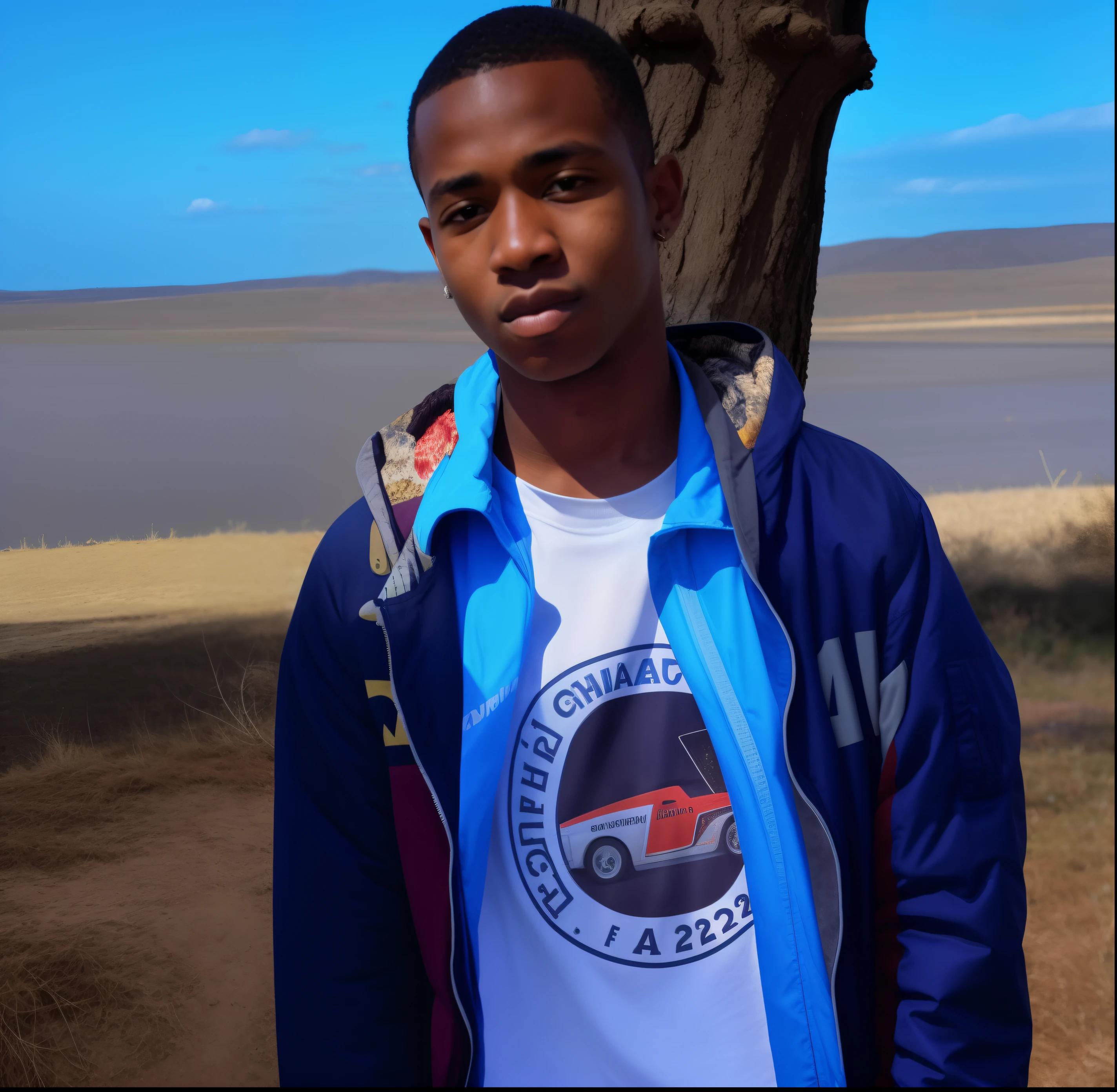 There's a young man standing next to a tree wearing a blue jacket, Riyahd Cassiem, taken in the early 2020s, tiradas em 2022, tomada em 2 0 2 0, adolescente negro, Fotografia tirada em 2 0 2 0, Emmanuel Shiru, Jorge Pemba, Godwin Akpan, 13 anos