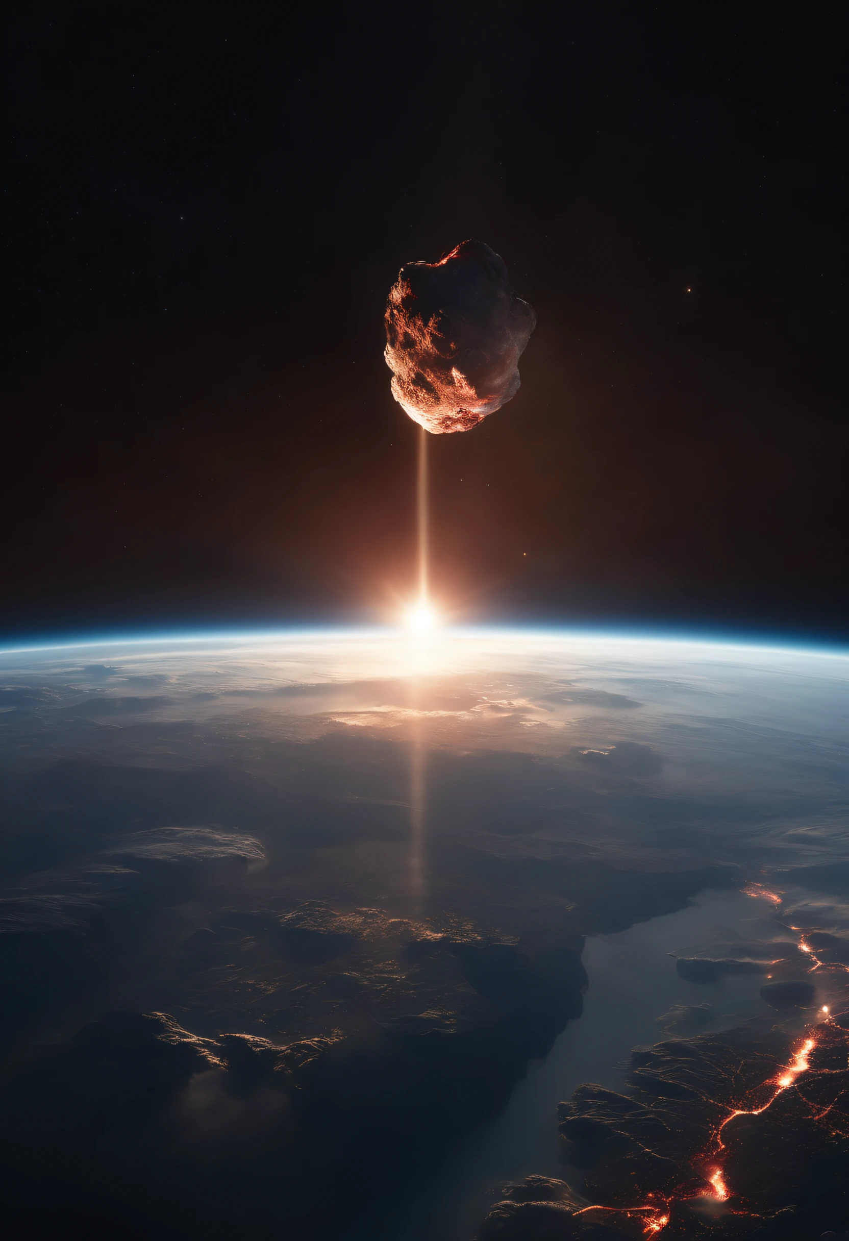 Artist's rendering of massive explosions in space, meteors, Nuclear explosions from space, Doomsday nuclear bomb, moon crash into earth, nasa footage, meteor impact behind a dinosaur, planet earth exploding, red planetoid exploding, looming over earth in space, Armageddontic events, moon crash into earth, Panspermia, moon hitting earth