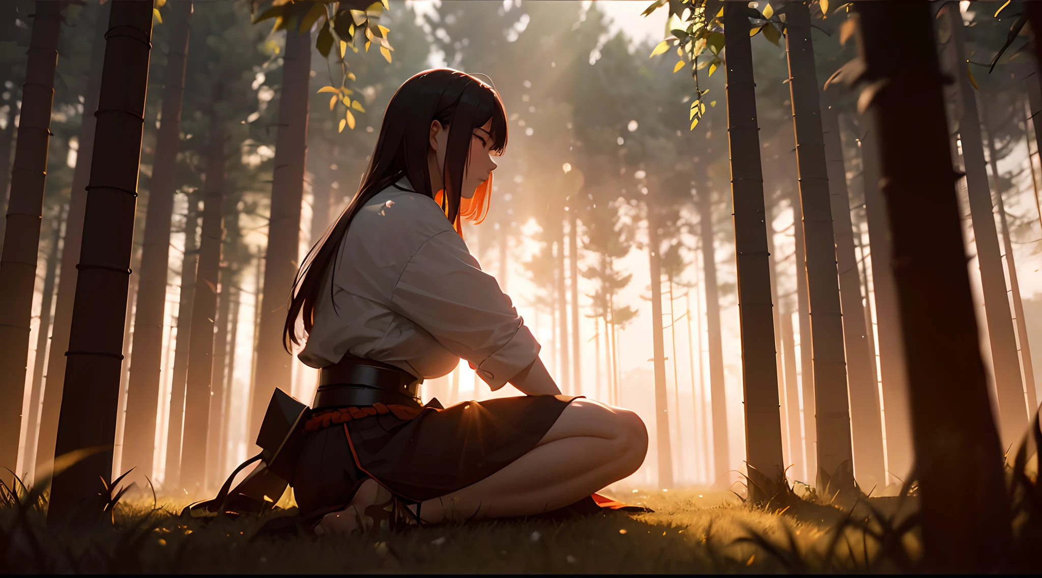 a woman in samurai uniform is sitting in a grassy forest when the sun is touching the horizon, she is looking at the ground and weeping in sadness with a katana by her side, We can see her side face, She is looking down at the ground, Specs of dust, ((cinematic)), visual clutter, She has a sword(katana) by her side. (Tall grass), Depressing mood, Volumetric lighting, God rays, Ray tracing, (((Bokeh, Depth of field))), Blur background, (((Gloomy))), Very gloomy environment, Sun is going down, Lonliness is setting in, (reddish-orangish tone), ((bokeh))
