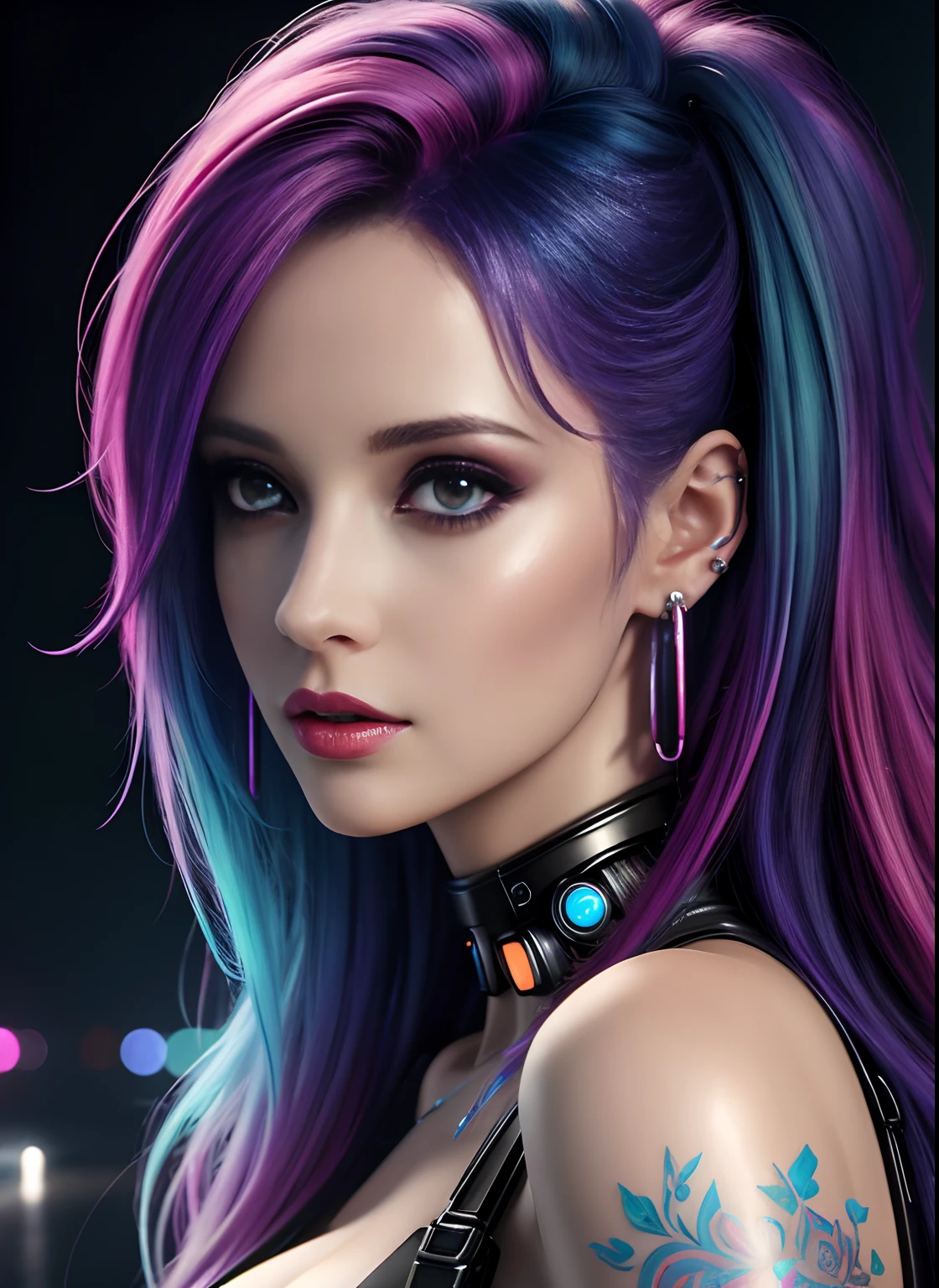 ((best quality)), ((masterpiece)), ((realistic)), (detailed), (1 girl) Close-up of woman with colorful hair and piercings, dreamy cyberpunk girl, 4K high-detail digital art, stunning digital illustration, stunning 8K artwork, colorful digital fantasy art, colorful and dark, beautiful digital artwork, colorful digital painting, cyberpunk digital anime art, portrait of a girl with luminous wave, 8K HD digital wallpaper art, gorgeous digital painting