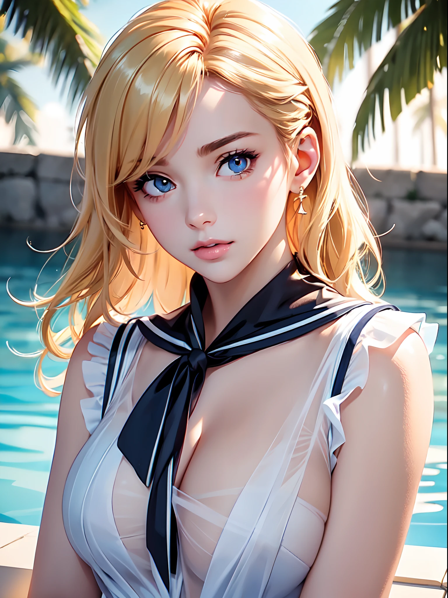 masterpiece, best quality, high quality, High definition, High quality texture, High quality shadow, high detail, beautiful detailed, finely detailed, extremely detailed cg, detailed texture, a realistic representation of the face, realistic, colorful, delicate, Cinematic Light, sidelighting, Lens Flare, Ray tracing, sharp focus, (intricate details, makeup, PureErosFace_V1:0.5), (detailed beautiful delicate face, detailed beautiful delicate eyes, a face of perfect proportion, high detailed skin, detailed skin, best ratio four finger and one thumb, close up of upper body, (large breasts), (cleavage), ((Smooth texture, Realistic texture, Photorealistic)), (Detailed beautiful eyes, Beautiful eyelashes, emerald eyes), blonde medium hair, 1 woman, at poolside, ((( sheer white sailor shirt, Sleeveless, Open front))), (Beautiful face, Cute face, Detailed face), (((Sunny))), Perfect Eyes Eyes