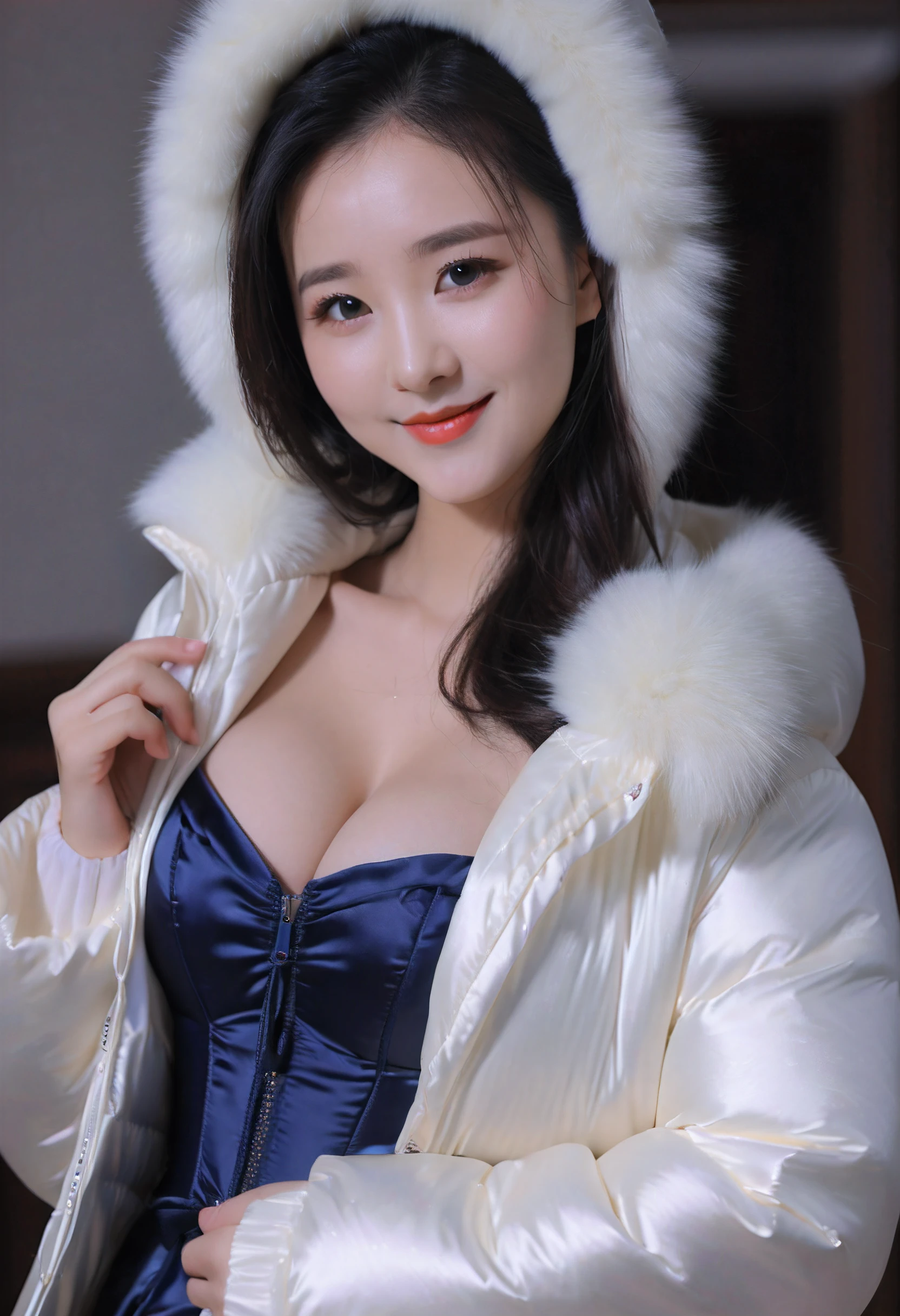 Beautiful Chinese woman, wearing a extremely tight and short silk puffer coat, photorealistic, masterpiece, open coat, , large breasts, seductive, smile, silk bra, punk hair, punk girl, sexy pose, cleavage, beautiful eyes