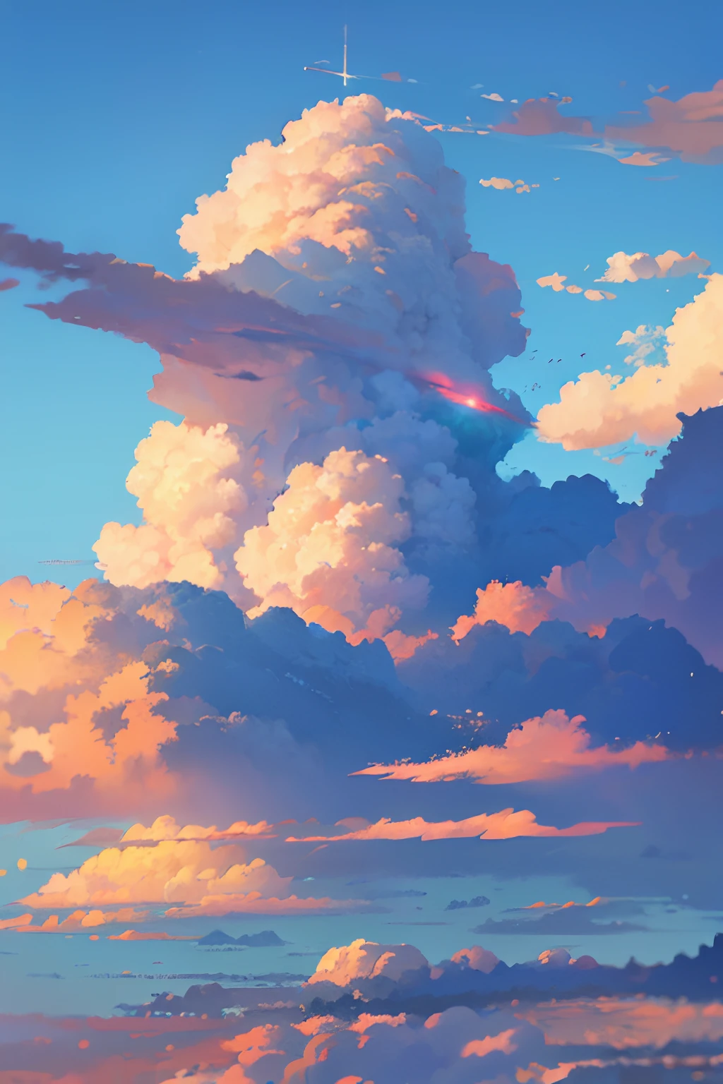 sky painting, anime style sky, masterpiece, compatible for background, from ground, summer