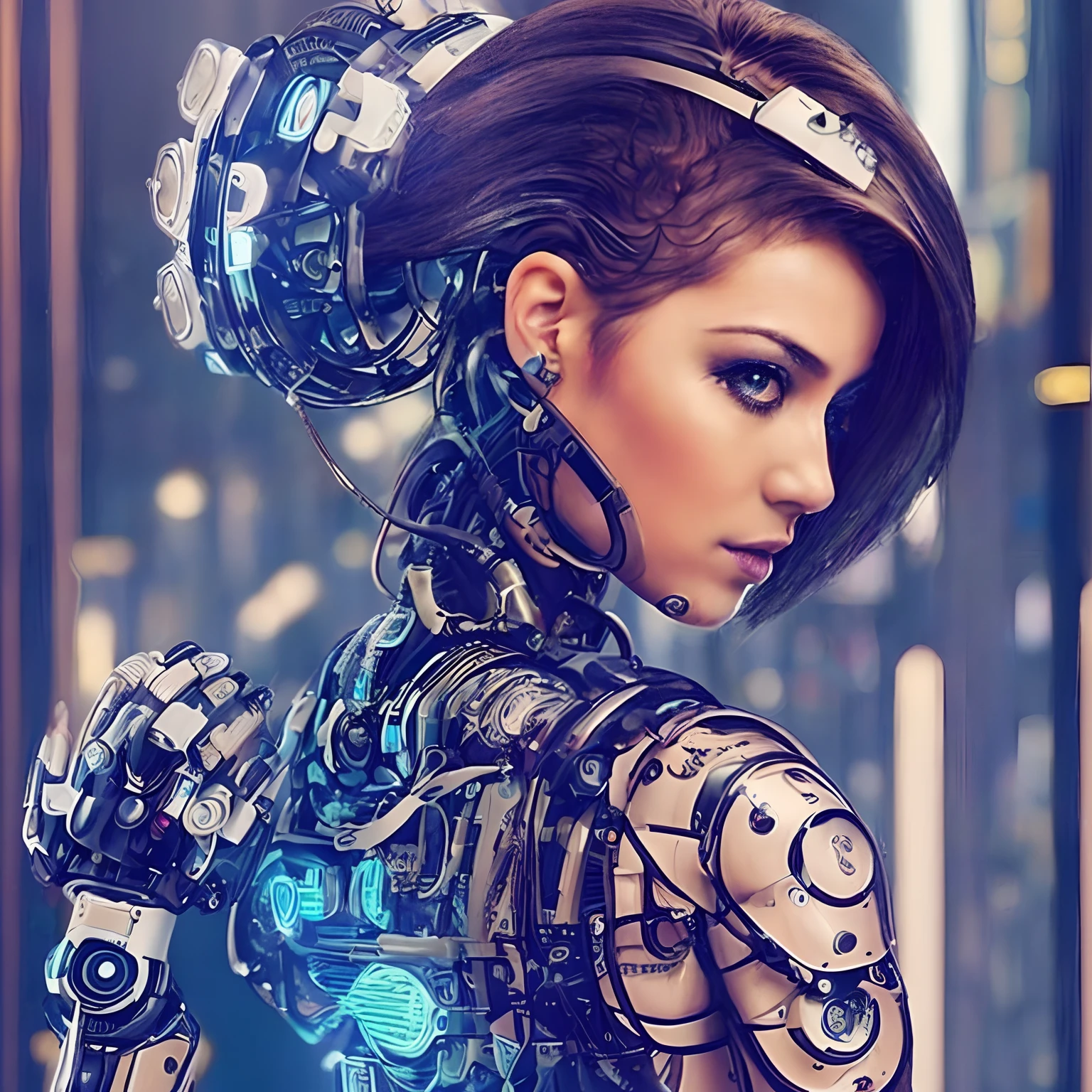 foto de (bs_purpalpaca), una mujer, ((cabello rizado)), Cyborgdiffusion, ((robotic arm)), tatuajes, cyberpunk, neon, estilo modelshoot (rodeado de hombres: 1.2), ((mirando al espectador: 1.4)