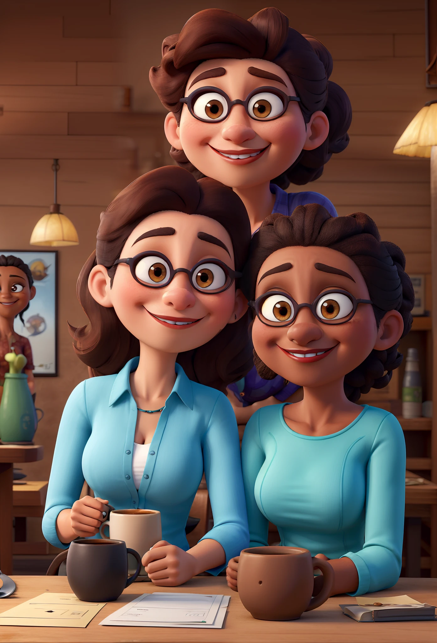 Two women sitting at a table with a mug of coffee, uma loira com roupa preta e a outra morena com casaco azul