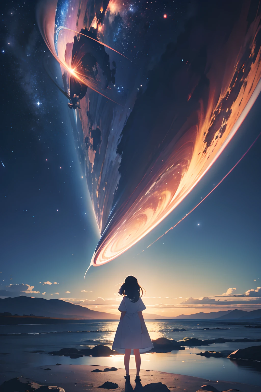 masterpiece、Background with((Fantastic starry sky、kosmos、black hole))、A person is standing in the distance、A wearing a white dress that you can't see