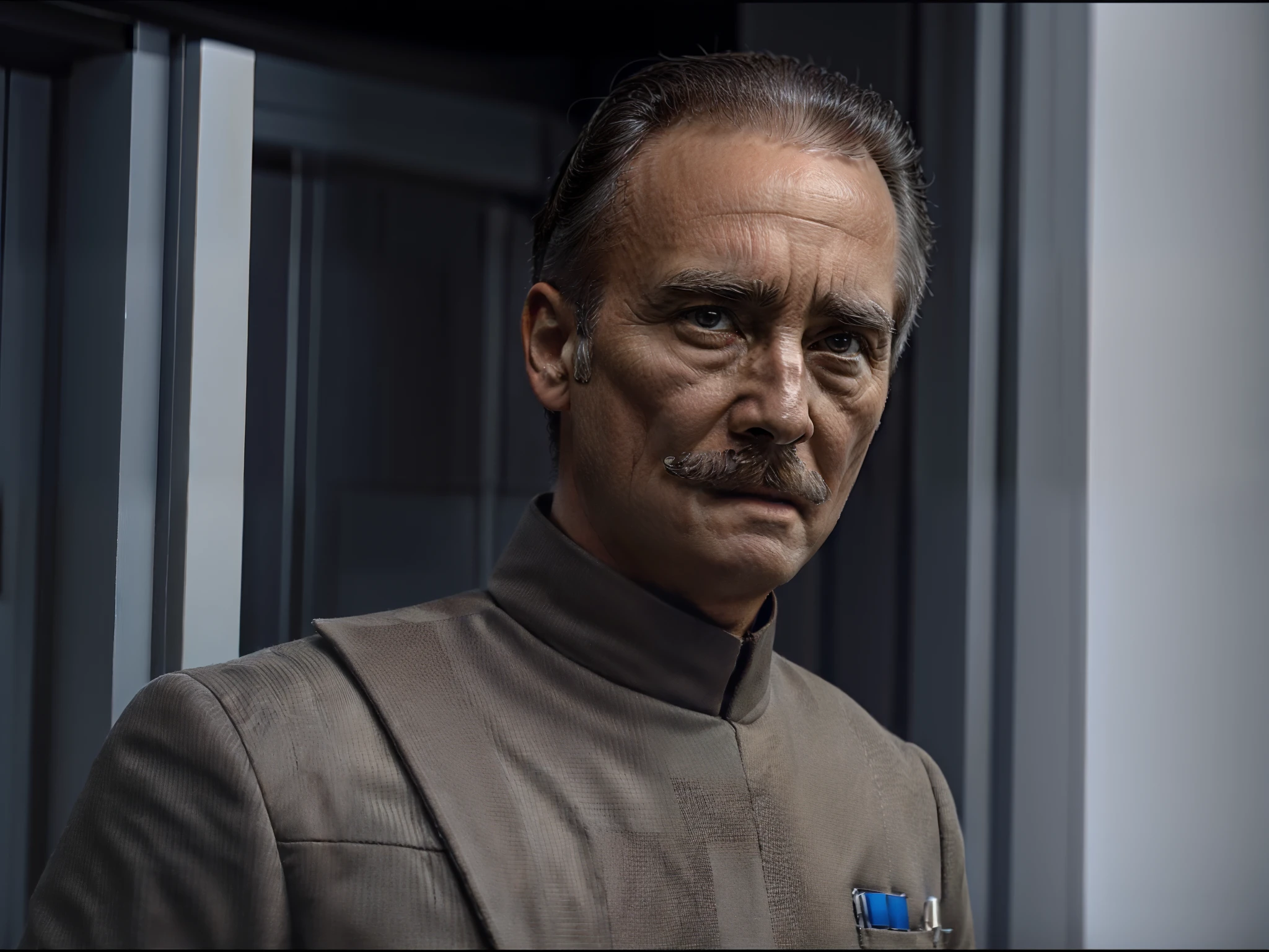 Strict man with graying hair and a firm mustache in a commanding stance