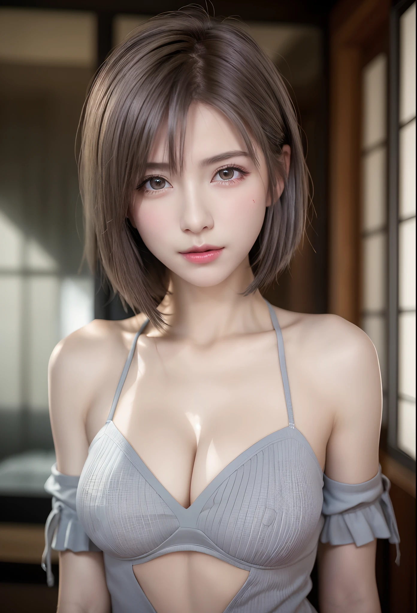 ((wallpaper 8k)), ((surreal)), ((Quality with attention to detail:1.2)), 1 girl, １４talent、kind eyes、plump lips、Ash gray hair、An ennui look、(((small breasts、small breasts、areola:1.1、nipple)))、black classy dress,Black capelet, look up, Widespread poverty, short cut hair、short hair twintails、Ash gray hair:1.5、white skin、