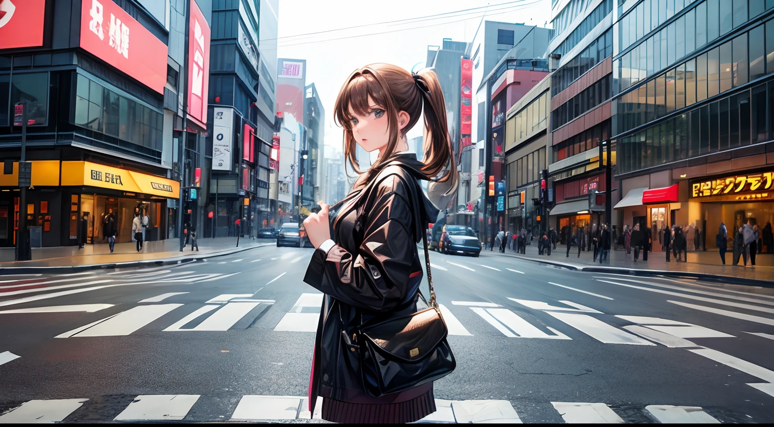 25 year old woman,brown hair, crossing street on shibuya, Wide Angel