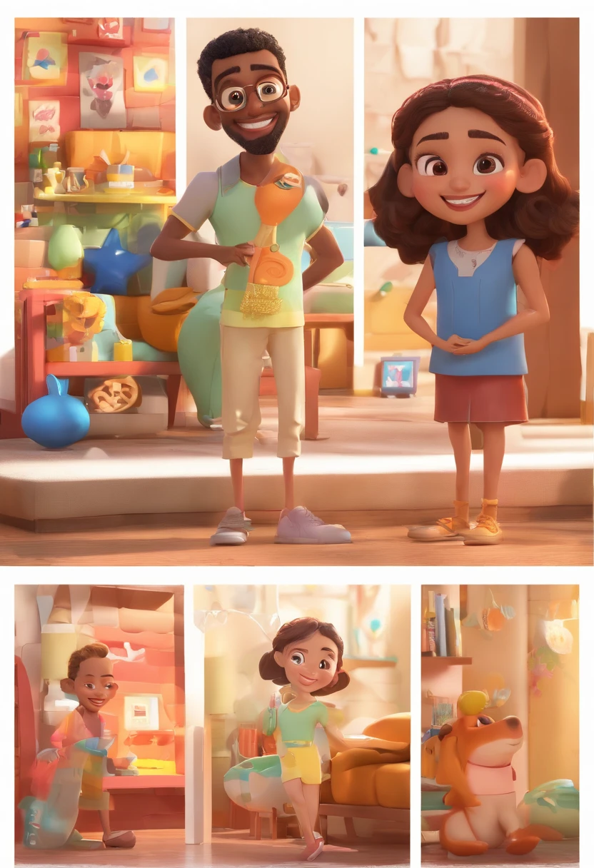 An illustration of an adorable couple, Destaque para um jovem rapaz negro, magro, Smiling and a young white girl with beautiful brown and small eyes, with square prescription glasses - the boy's hair is braided, The girl's skin is white, and the girl's hair is full of curls, comprido e loiro. They are a bright room, ele com sorriso de aparelho e ela sorrindo timidamente, e compartilhar um momento especial caracterizado pelo amor, Insights. Illustrate this scene from a perspective where they are facing the camera, Showing Your Connection. Desenvolva esta arte em Full HD, Focus on your cinematic touch, Estilo Disney Pixar Animations