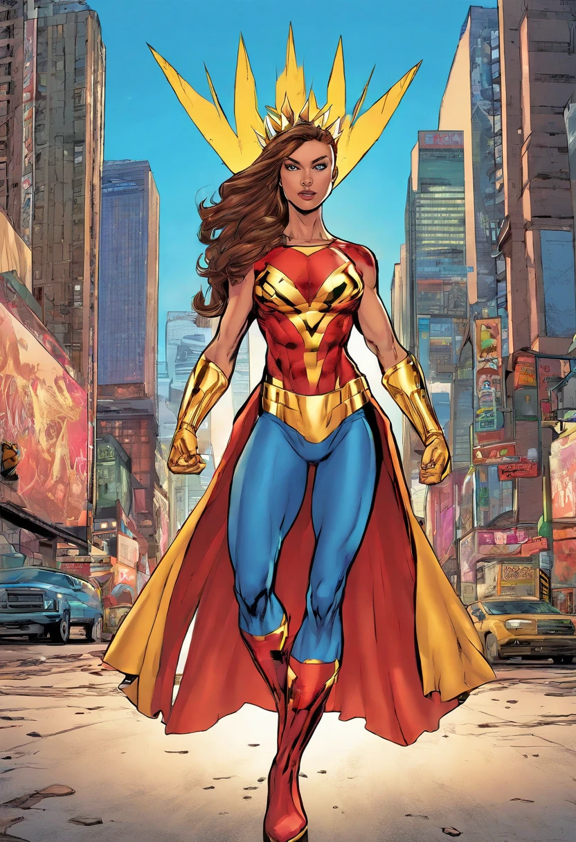 (),beautiful detailed eyes,beautiful detailed lips,longeyelashes,confident,strong,athletic,body, nude pose,in, huge titsdomitable,superstrength,flying,empowering,fierce,superhero,brave,golden tiara,strong pose,blue skirt,red and gold top,vibrant colors,comic book style,ink drawing,shadow and light,heroic,shield,super powers,strong stance,vigilante,cityscape background,action-packed,energy bolts,iconic,superhuman speed,inspiring,mighty,best quality,ultra-detailed,photorealistic,vivid colors
