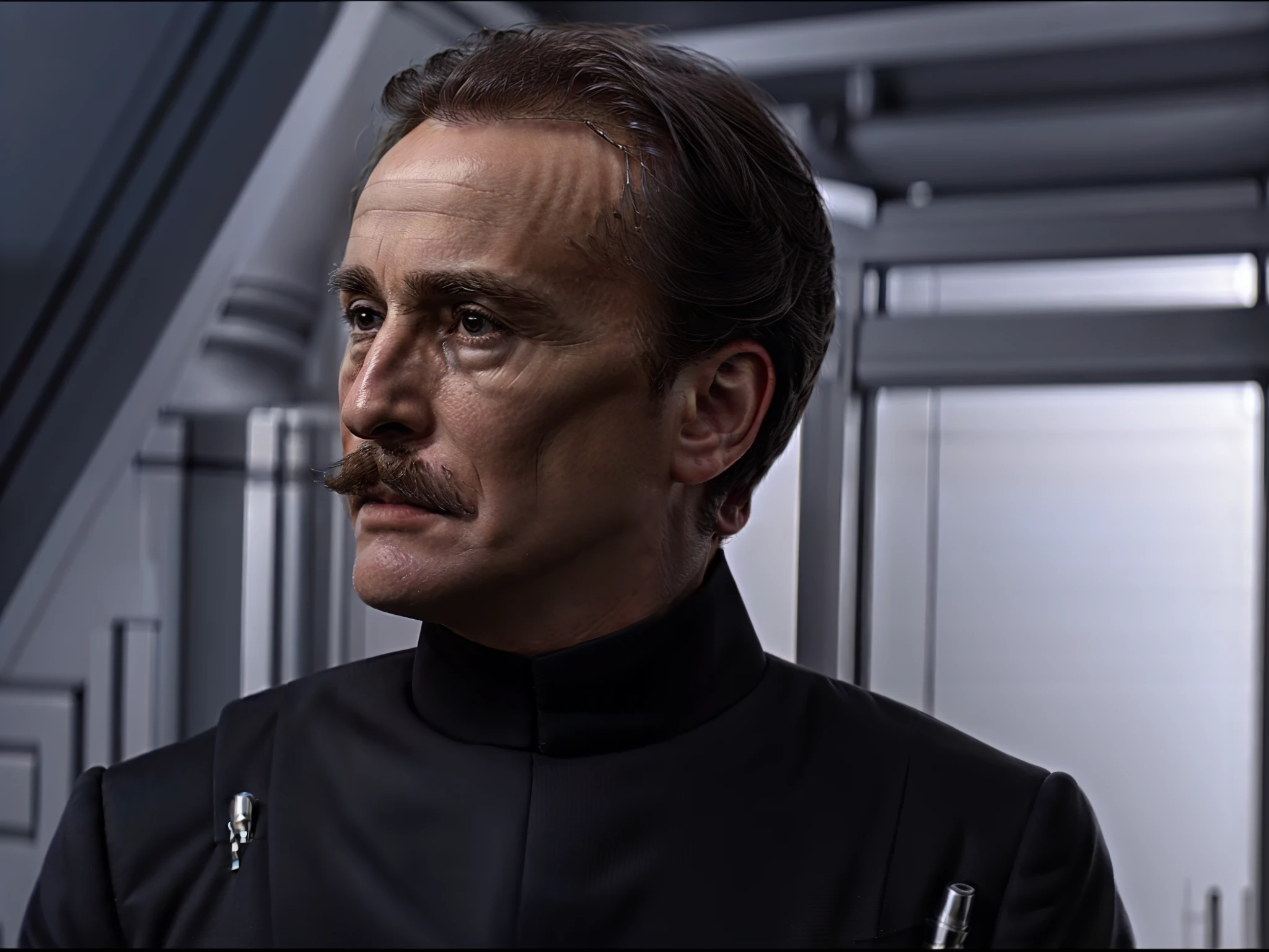 Strict man with graying hair and a firm mustache in a commanding stance