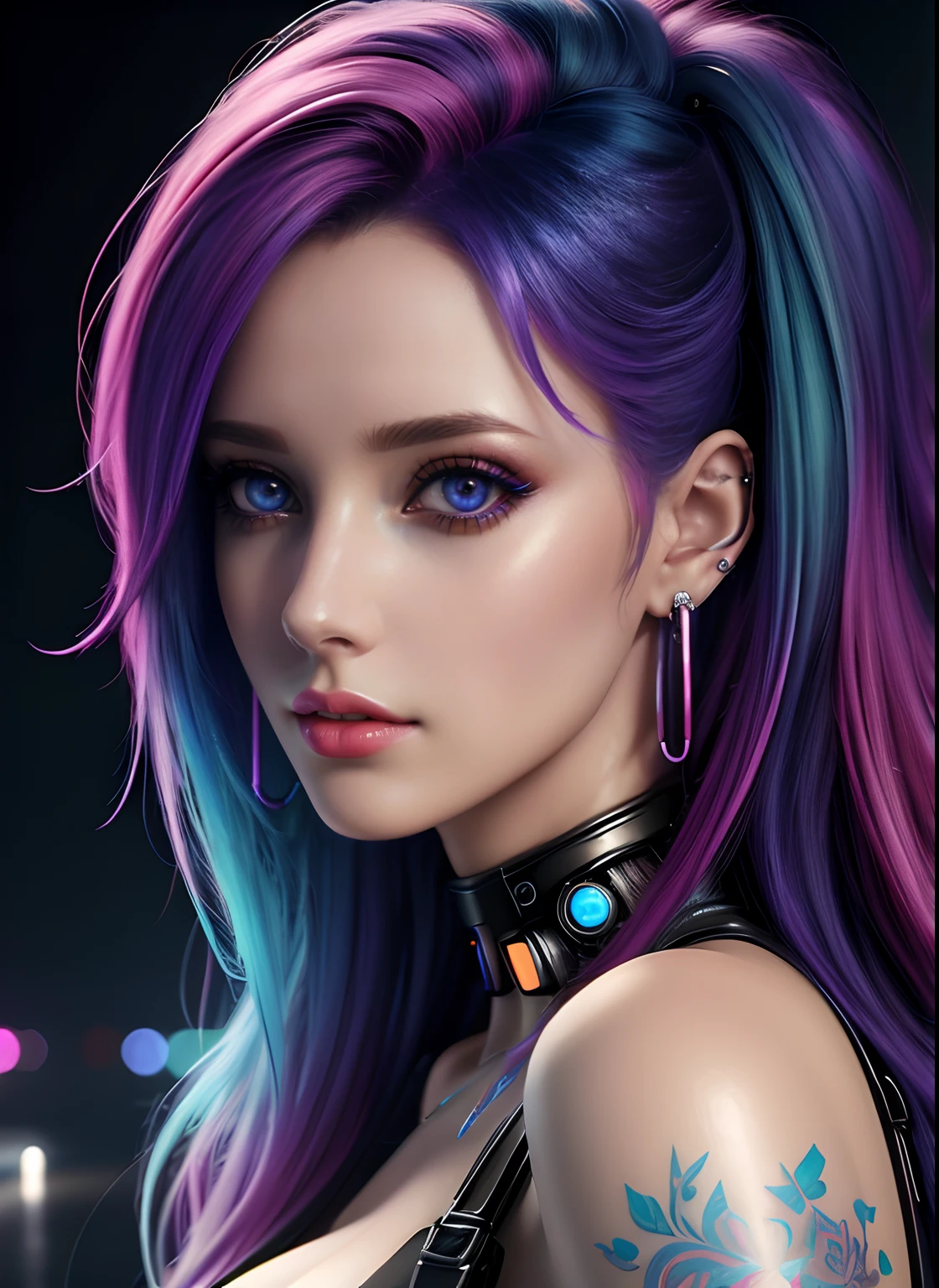 ((best quality)), ((masterpiece)), ((realistic)), (detailed), (1 girl) Close-up of woman with colorful hair and piercings, dreamy cyberpunk girl, 4K high-detail digital art, stunning digital illustration, stunning 8K artwork, colorful digital fantasy art, colorful and dark, beautiful digital artwork, colorful digital painting, cyberpunk digital anime art, portrait of a girl with  luminous wave, 8K HD digital wallpaper art, gorgeous digital painting