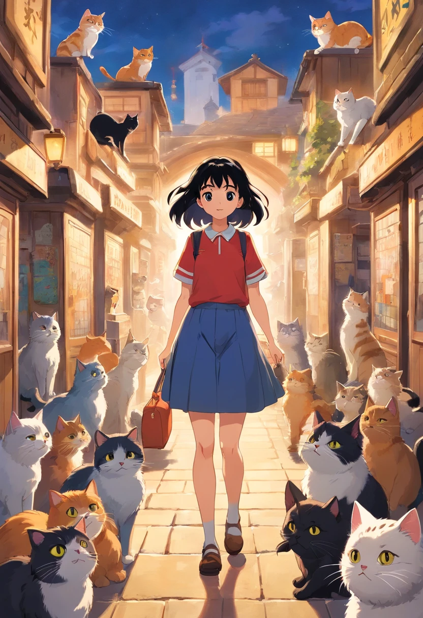 A large number of cats are flocking to a girl in junior high school、The girl looks confused but happy、Girl has black hair、