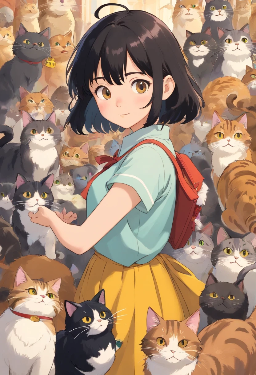 A large number of cats are flocking to a girl in high school、The girl looks confused but happy、Girl has black hair、