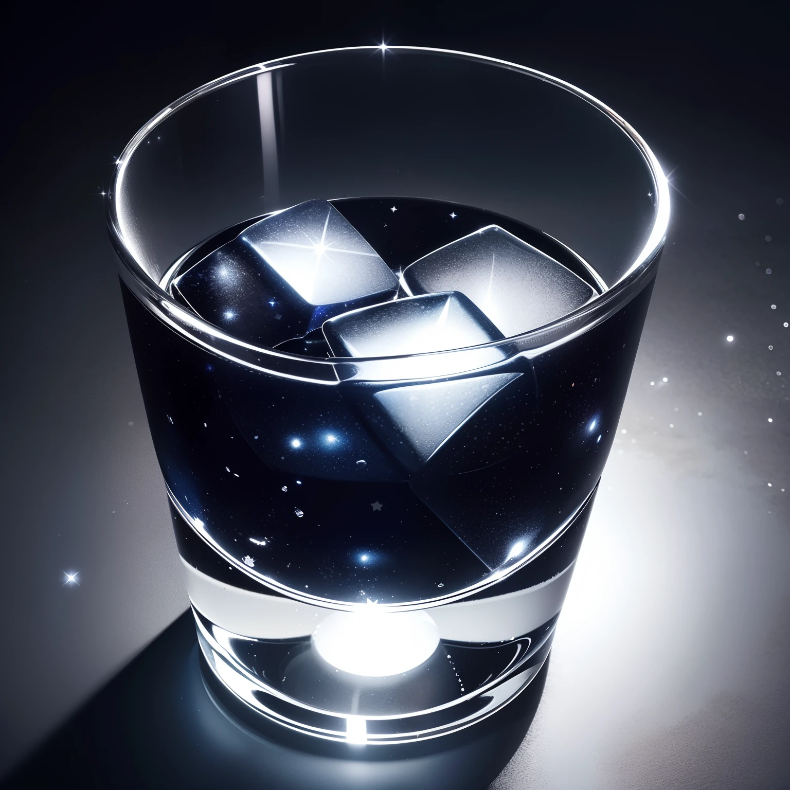 A glass with stars in the night sky, Very cool and fresh, Add a few leaves, Add ice cubes, In the cinematic Sudio, realistic photo shot, Best Photography Award, Studio Lighting, diffuse lighting, Super detail of shadows, Super detail in glass, Works by the world's best food photography