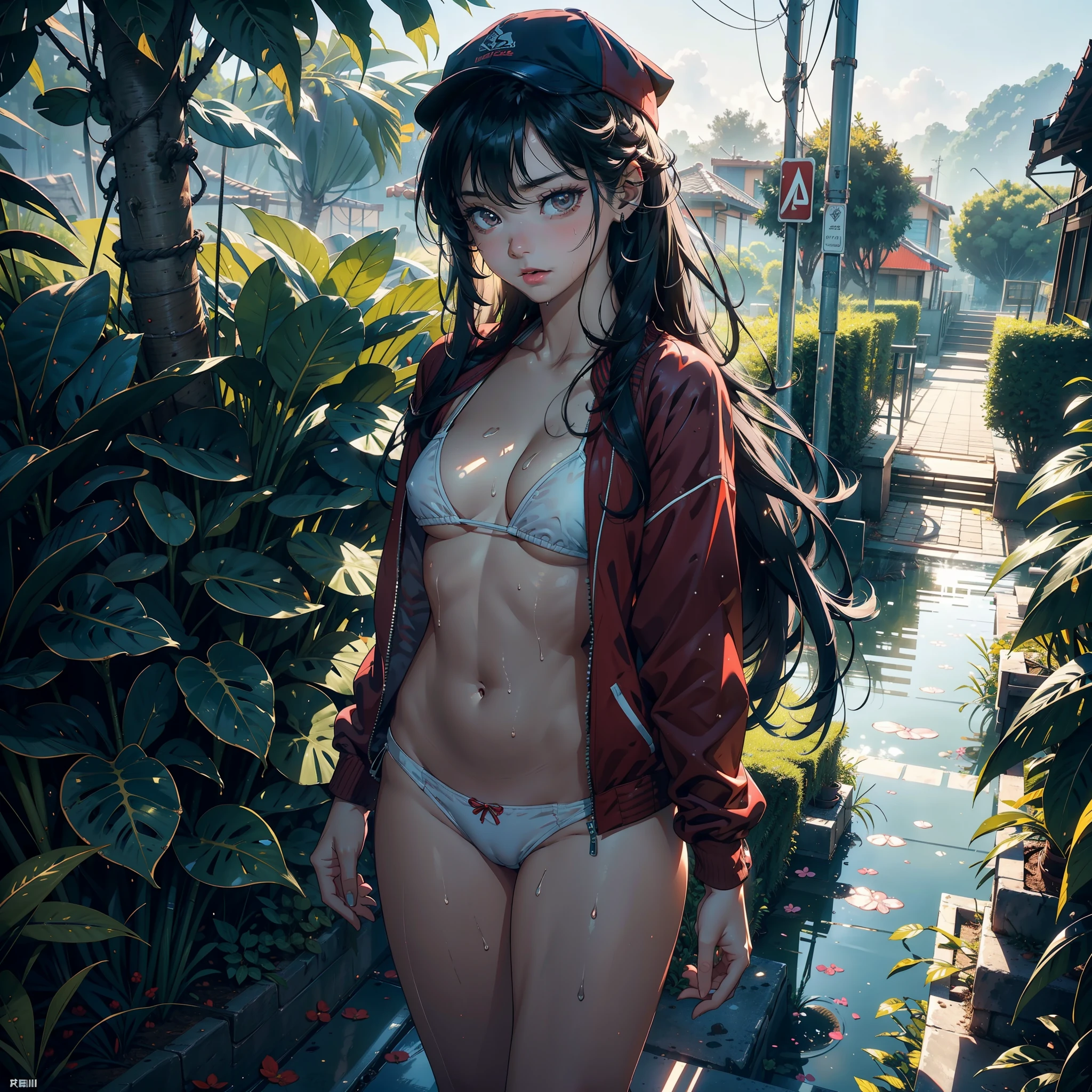 1female,9 ,bit girl,super adorable,smallunderboob ,Pornographic exposure, 独奏,(Background with:hilltop,the rainforest,in summer,Standing water on the ground,exteriors) Feel free to hairstyle,Stride,Sweat profusely,drenched all over the body,seen from the front,Long black hair , mostly cloudy sky,(((tmasterpiece),(Very detailed CG unity 8K wallpaper),best qualtiy,cinmatic lighting,detailed back ground,beatiful detailed eyes,Bright pupils,(Very fine and beautiful),(Beautiful and detailed eye description),ultra - detailed,tmasterpiece,)),facing at camera,A high resolution,ultra - detailed)nakeness,with no underpants,revealing breasts,Bare genitalia, Bulge,Camel toes,Raised sexy,Lewd expression,Flushed complexion,Open-mouthed,frontage,elementarRed baseball jacket,White bikini shorts,baseball cap,athletic sneakers)