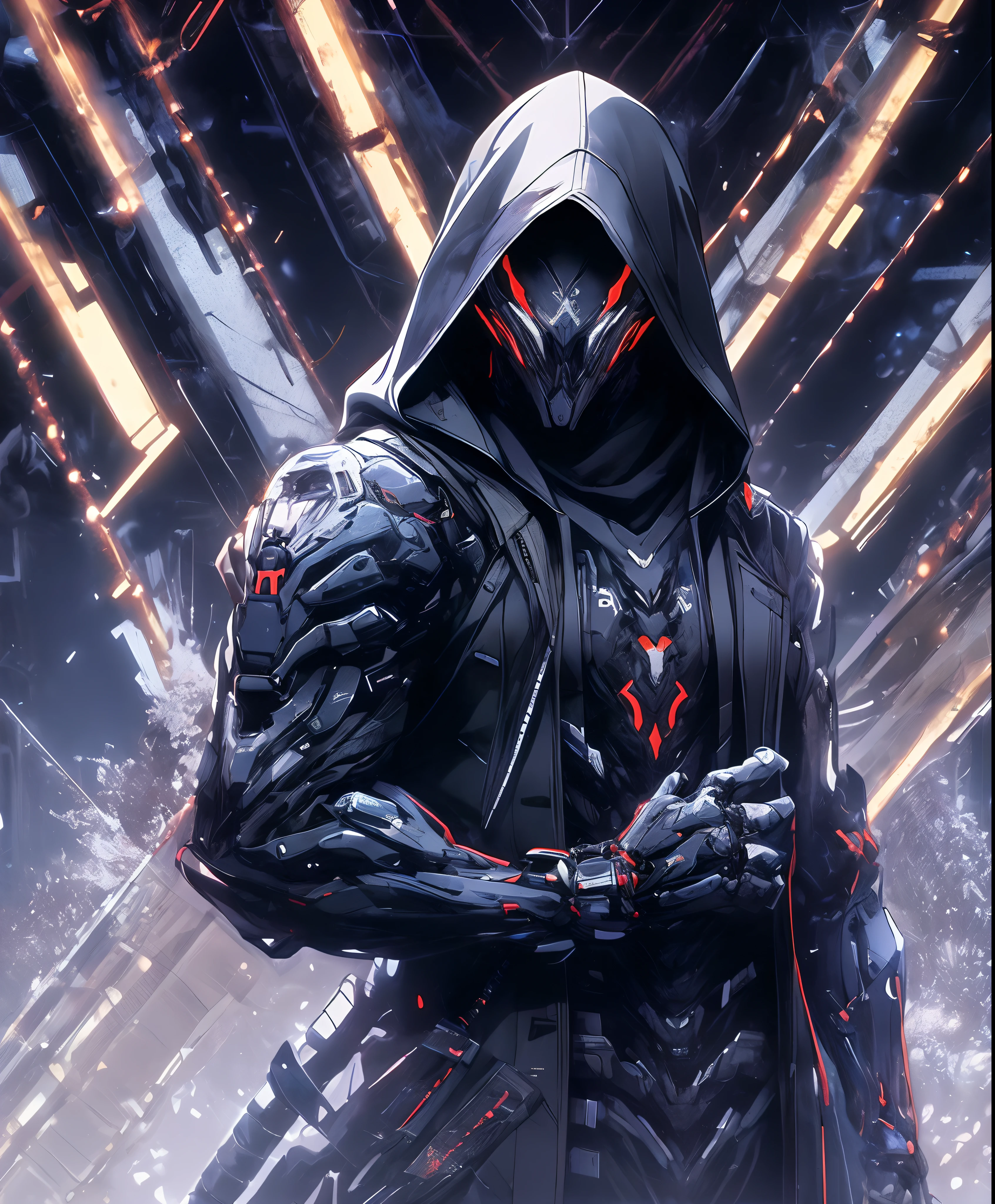 a man in a jacket and black pants standing in a dark room, wearing cultist robe, attire, character from mortal kombat, as a character in tekken, fighting game character, cyberpunk assassin, hooded mage, cyberpunk outfits, clothes, the ninja, wearing leather assassin armor, an edgy teen assassin, cool jacket, cyberpunk street goon