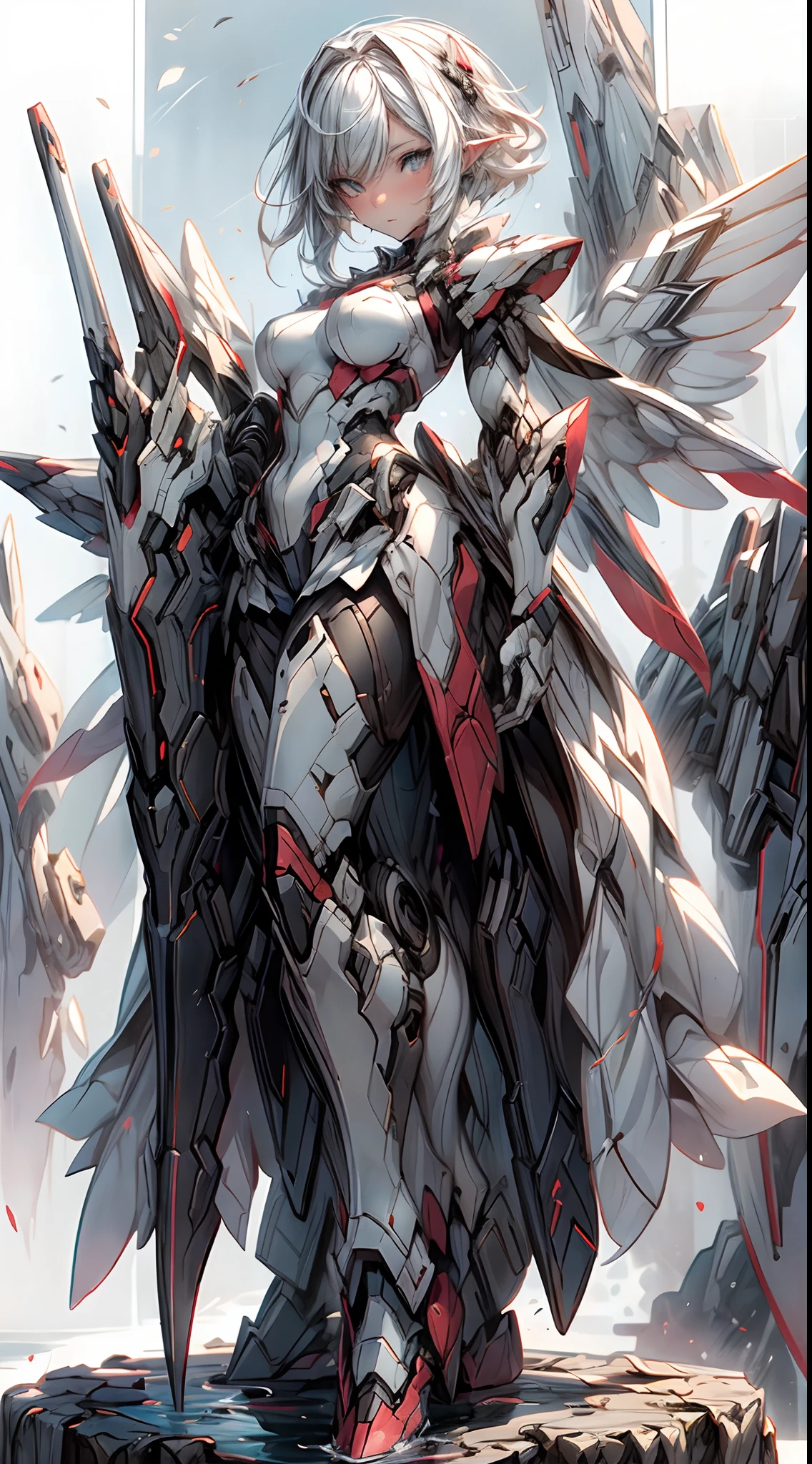 (white background:1.5), (bottle bottom:0.9), 11 elf girl, mid shot, full body, (mecha wing, mecha leg, mecha hand),((short white hair)), asymmetrical bangs, insanely detailed face and eyes, Perfect lips, mid shot, full body, (mecha sing, mecha leg, mecha hand), butterflies, floating petal, stone fragment, beautiful detailed water, cloud, sun, dusk, sunset, beautiful detailed cloud, ocean, water splashes.