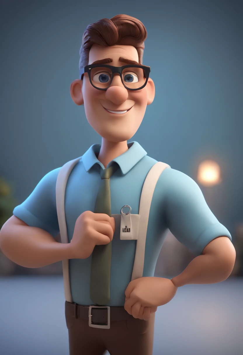 Cartoon character of a pharmacist with black glasses and a blue shirt, animation character, Caractere estilizado, animation style rendering, 3D estilizado, Arnold Maya render, 3 d render stylized, toon render keyshot, Personagem 3D, Personagem 3D, 3d rendering stylized, 3 d character render, personagem de desenho animado, Personagem de close up, Pose de personagem, (Estilo Pixar) (master part:1.2) (Bokeh) (best quality) (pele detalhada) (textura detalhada) (8k) (argila) (Cinematic lighting) (foco nítido