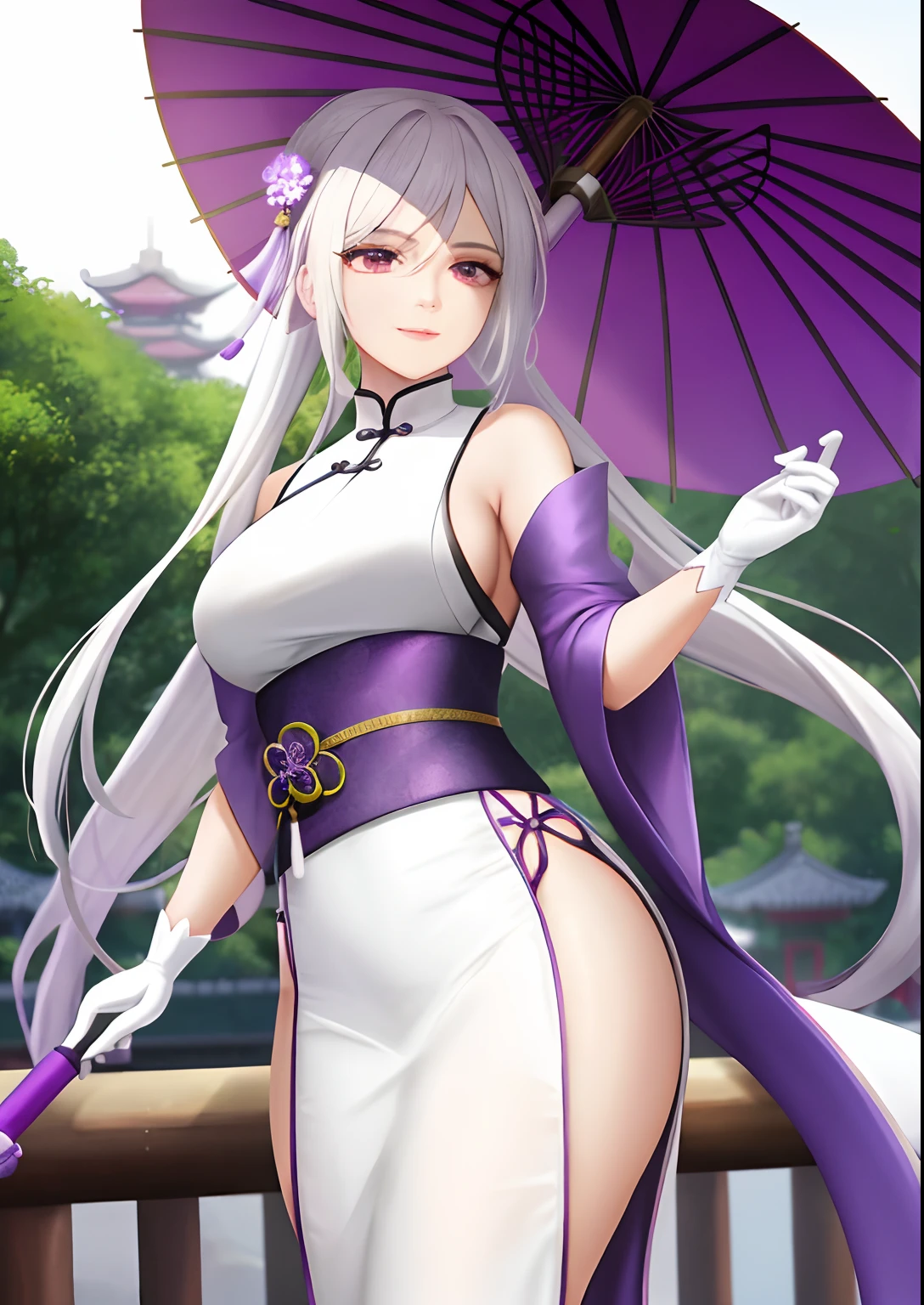 A woman,Holding an umbrella,White hair,Wear purple Hanfu,Long white gloves are worn on the elbows,Chinese Ancient Architecture