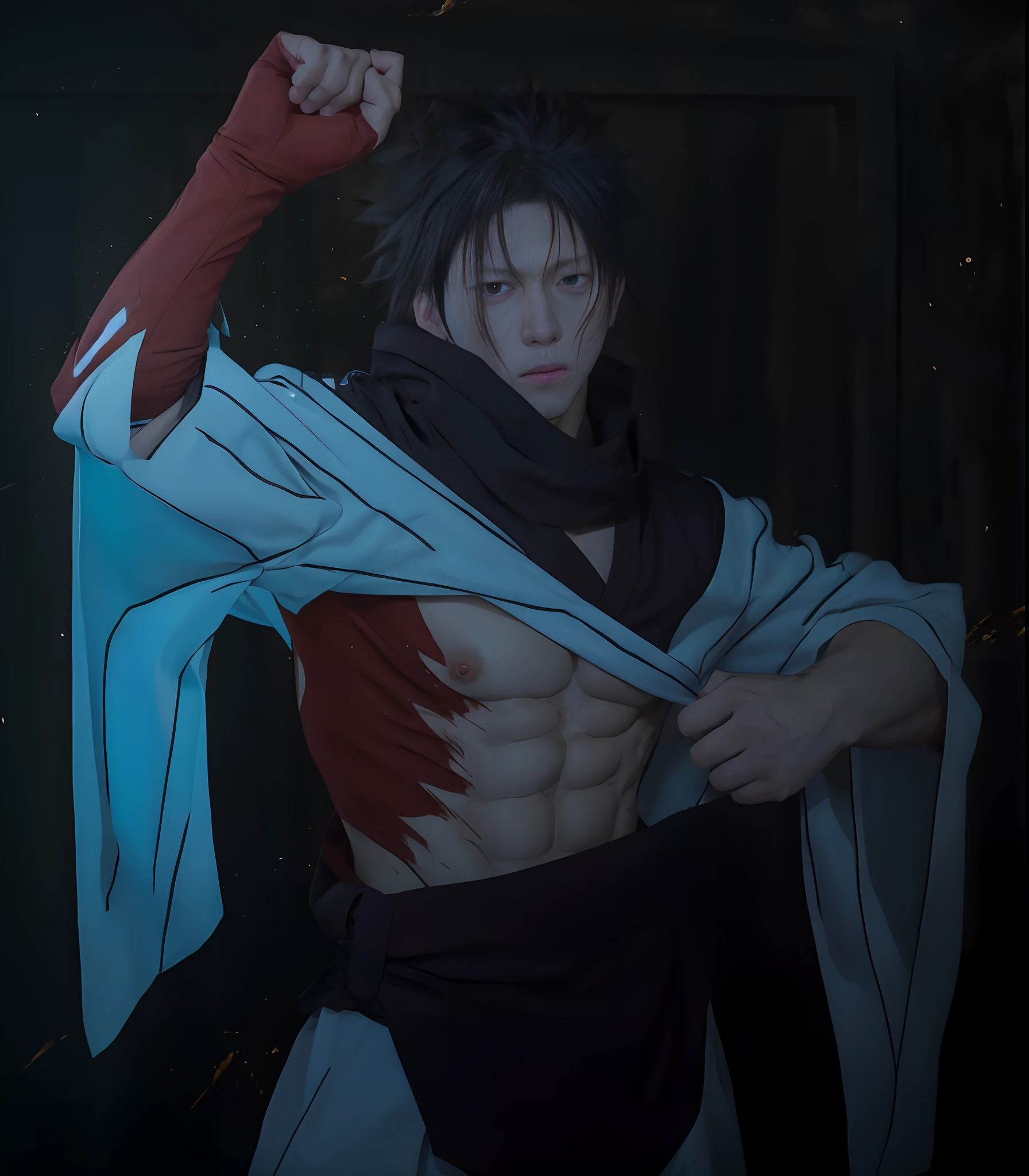 jujutsu kaisen, brown hair, white long outfit, hands together, tired face, choso from Jujutsu kaisen, choso showing abs, abs, sexy man, choso abs, anime, looking at you blank stare