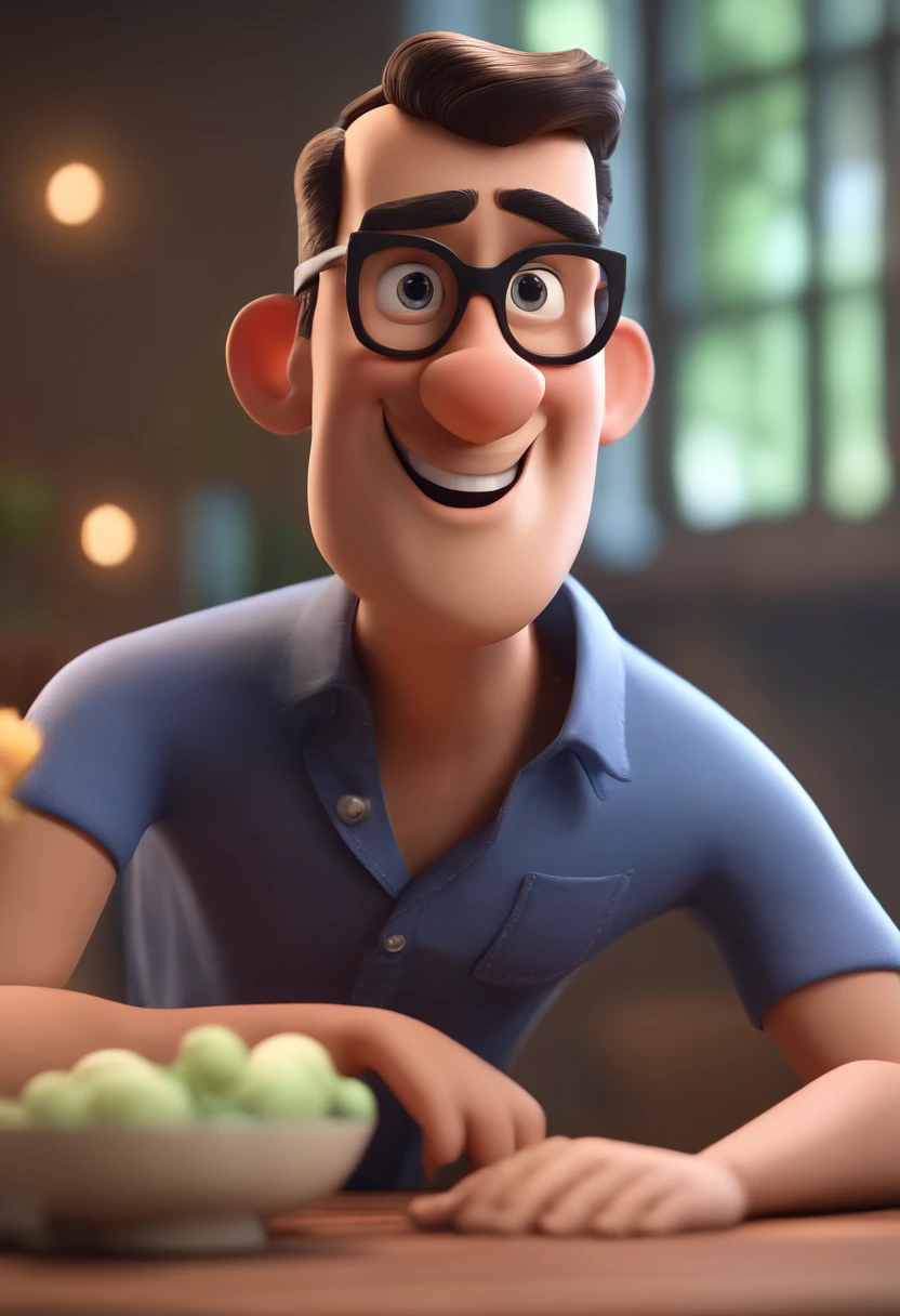 Cartoon character of a man wearing black glasses and a blue shirt, um personagem animado, Caractere estilizado, animation style rendering, 3D estilizado, Arnold Maya render, 3 d render stylized, toon render keyshot, Personagem 3D, Personagem 3D, 3d rendering stylized, 3 d character render, personagem de desenho animado, Personagem de close up, Pose de personagem, (Estilo Pixar) (master part:1.2) (Bokeh) (best quality) (pele detalhada) (textura detalhada) (8k) (argila) (Cinematic lighting) (foco nítido,Senta e vaza a parte superior do corpo