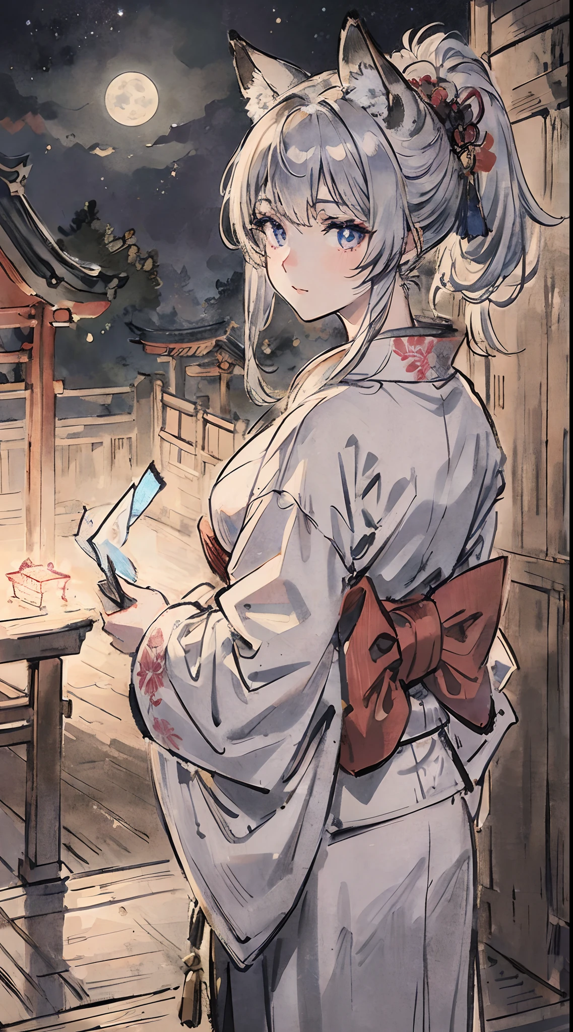 ((masutepiece)), ((Best Quality)), (Ultra-detailed), ((Extremely detailed)), 4K, (8K), Best Quality, (Beautiful), monochromes, grayscales, Traditional Japan ink painting style, Night, Moon, Starry sky, autumnal, torii gate、shrines、Pretty women, Solo, Kimono appearance, Beautiful silver hair, beautiful gold eyes, ((beautidful eyes)), Ponytail, Silvery fox ears, lightsmile, is standing