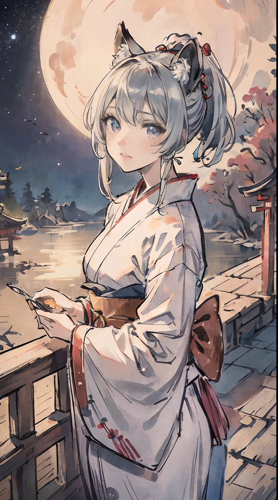 ((masutepiece)), ((Best Quality)), (Ultra-detailed), ((Extremely detailed)), 4K, (8K), Best Quality, (Beautiful), monochromes, grayscales, Traditional Japan ink painting style, Night, Moon, Starry sky, autumnal, torii gate、shrines、Pretty women, Solo, Kimono appearance, Beautiful silver hair, beautiful gold eyes, ((beautidful eyes)), Ponytail, Silvery fox ears, lightsmile, is standing