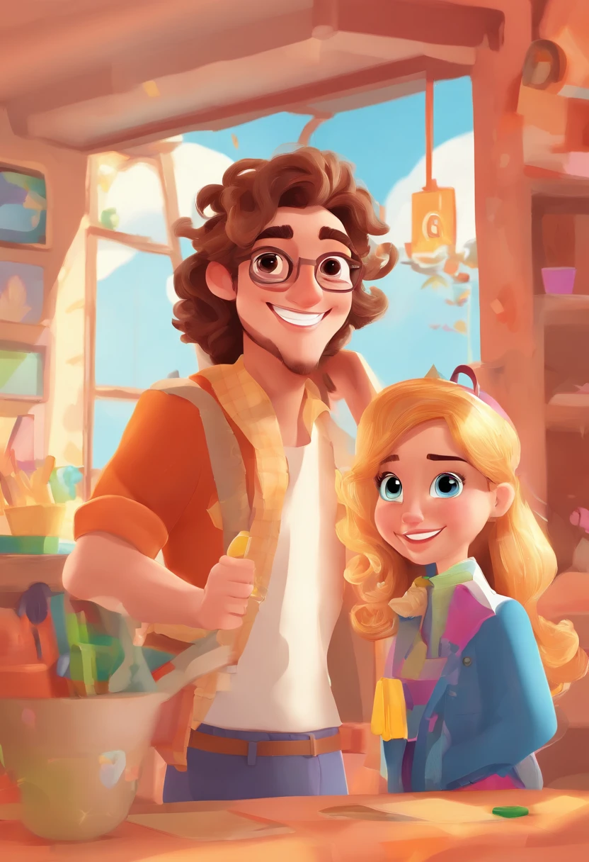 An illustration of an adorable couple, Destaque para um jovem rapaz negro, magro, Sorrindo e uma jovem mulher branca com belos olhos castanhos, with square prescription glasses - the man's hair is curly The woman's skin is white, and the hair is long, cheio de cachos e loiro. It's a bright sunny day, ele com sorriso de aparelho e ela sorrindo, e compartilham um momento especial caracterizado pelo amor. Illustrate this scene from a perspective where they are facing the camera, Showing Your Connection. Develop this art in great quality. Focus on cinematic flair and characters Disney Pixar Animations style