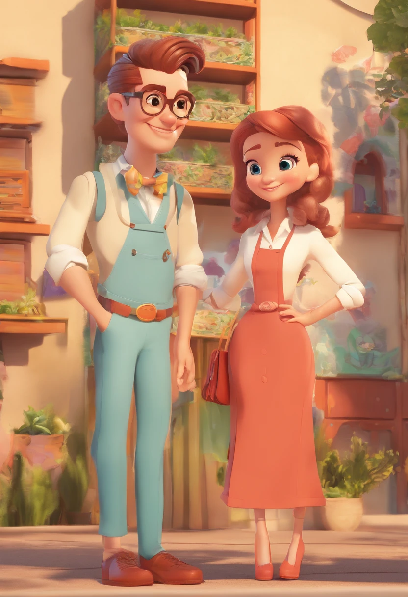 An illustration of an adorable couple, Destaque para um jovem rapaz negro, magro, Sorrindo e uma jovem mulher branca com belos olhos castanhos, with square prescription glasses - the man's hair is curly The woman's skin is white, and the hair is long, cheio de cachos e loiro. It's a bright sunny day, ele com sorriso de aparelho e ela sorrindo, e compartilham um momento especial caracterizado pelo amor. Illustrate this scene from a perspective where they are facing the camera, Showing Your Connection. Develop this art in great quality. Focus on cinematic flair and characters Disney Pixar Animations style