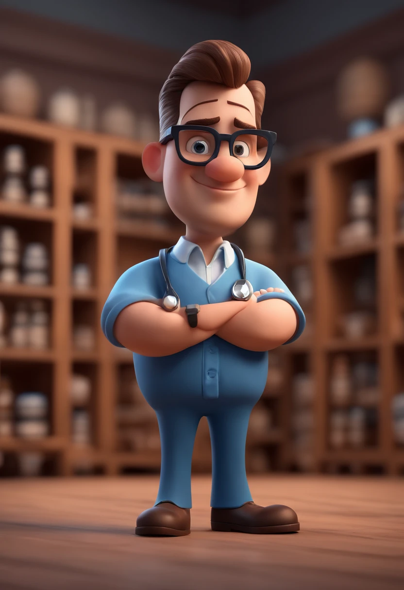 Cartoon character of a pharmacist with black glasses and a blue shirt, animation character, Caractere estilizado, animation style rendering, 3D estilizado, Arnold Maya render, 3 d render stylized, toon render keyshot, Personagem 3D, Personagem 3D, 3d rendering stylized, 3 d character render, personagem de desenho animado, Personagem de close up, Pose de personagem, (Estilo Pixar) (master part:1.2) (Bokeh) (best quality) (pele detalhada) (textura detalhada) (8k) (argila) (Cinematic lighting) (foco nítido